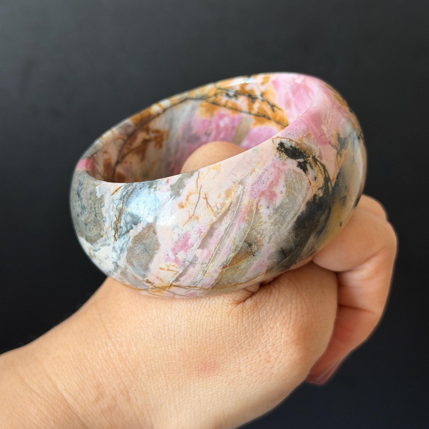 60.3mm Rhodonite Stone Crystal Bangle: Golden Plum Blossom Scenery Bracelet | Gold Maple | Natural Gold Yellow & Baby Pink Healing Stone