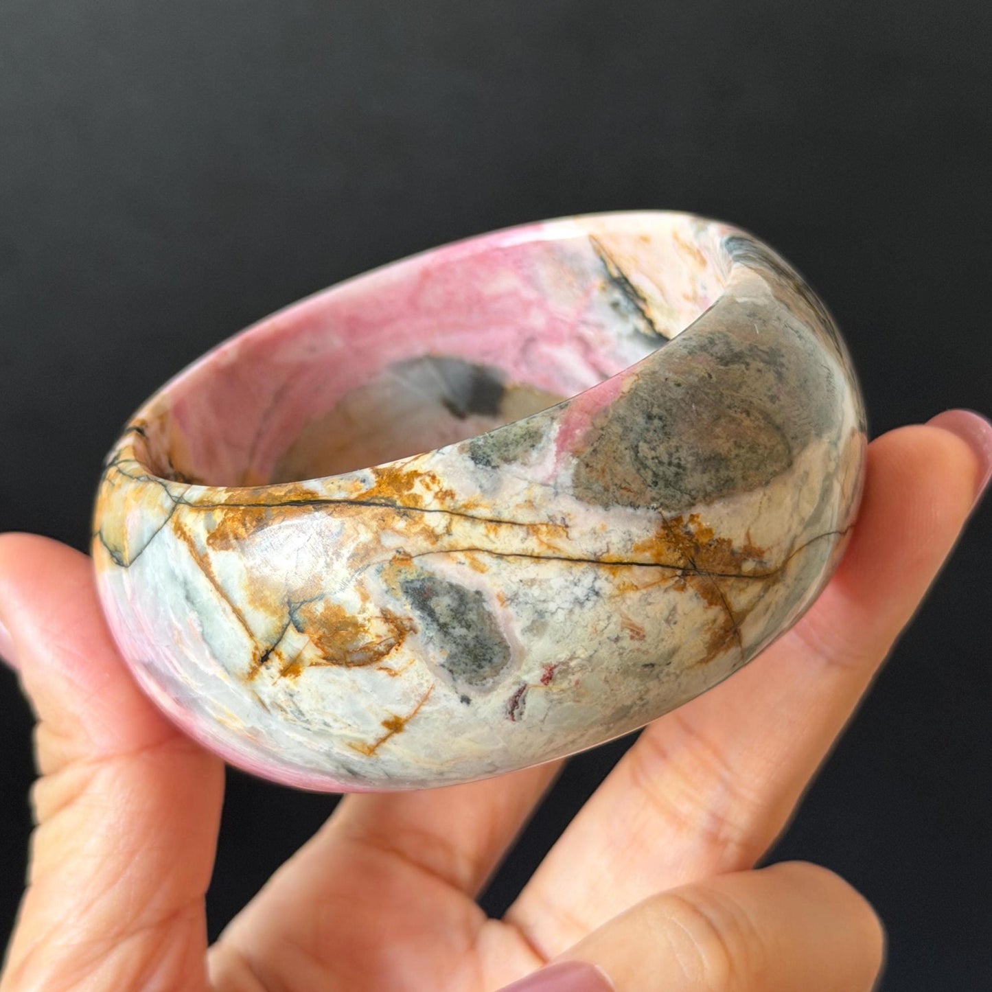 60.3mm Rhodonite Stone Crystal Bangle: Golden Plum Blossom Scenery Bracelet | Golden Maple | Natural Gold Yellow & Baby Pink | Heart Chakra Healing Stone Gift for her rhodonite bangle pink rhodonite bracelet pink crystal bracelet pink stone bangle pink gemstone bracelet golden crystal wide bangle healing crystal love stone meditative crystal heart chakra crystal vintage bangle gemstone bangle dragon bangle dragon bracelet brown bangle flower crystal flower lover gift women bangle