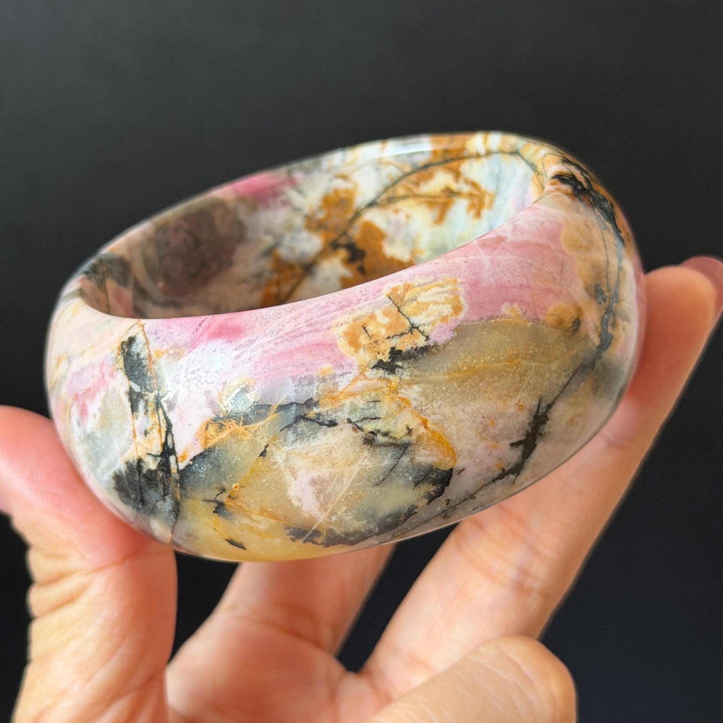 60.3mm Rhodonite Stone Crystal Bangle: Golden Plum Blossom Scenery Bracelet | Golden Maple | Natural Gold Yellow & Baby Pink | Heart Chakra Healing Stone Gift for her rhodonite bangle pink rhodonite bracelet pink crystal bracelet pink stone bangle pink gemstone bracelet golden crystal wide bangle healing crystal love stone meditative crystal heart chakra crystal vintage bangle gemstone bangle dragon bangle dragon bracelet brown bangle flower crystal flower lover gift women bangle