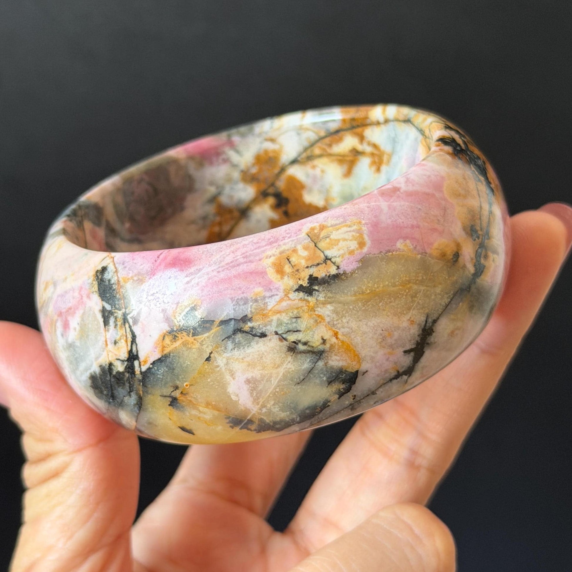 60.3mm Rhodonite Stone Crystal Bangle: Golden Plum Blossom Scenery Bracelet | Golden Maple | Natural Gold Yellow & Baby Pink | Heart Chakra Healing Stone Gift for her rhodonite bangle pink rhodonite bracelet pink crystal bracelet pink stone bangle pink gemstone bracelet golden crystal wide bangle healing crystal love stone meditative crystal heart chakra crystal vintage bangle gemstone bangle dragon bangle dragon bracelet brown bangle flower crystal flower lover gift women bangle
