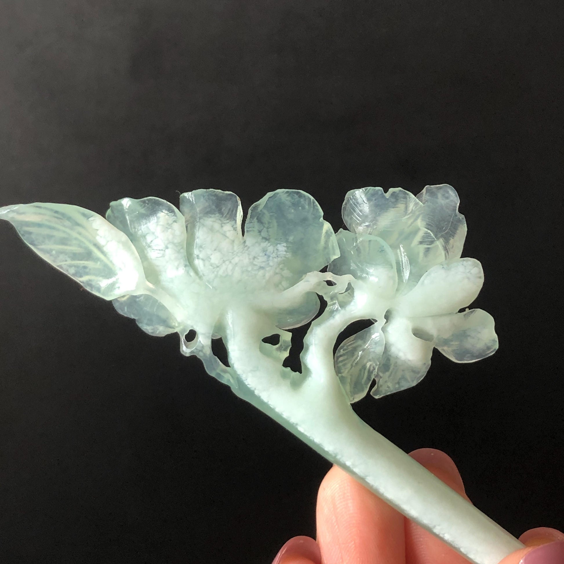 Certified Xiu Jade Serpentine Hand Carved Blue Camellia Flower Hair Pin: Natural Blue Jade Hair Stick for Wedding Headpiece Hair accessories gift for her blue jade carving hand engraved camellia flower hair fork hand carved flower hair comb Asian chinese hairpins hanfu hair stick korean hairpins japanese hair clip bridal shower hair clip natural untreated jade with certificate camellia carving chinese jade hair stick