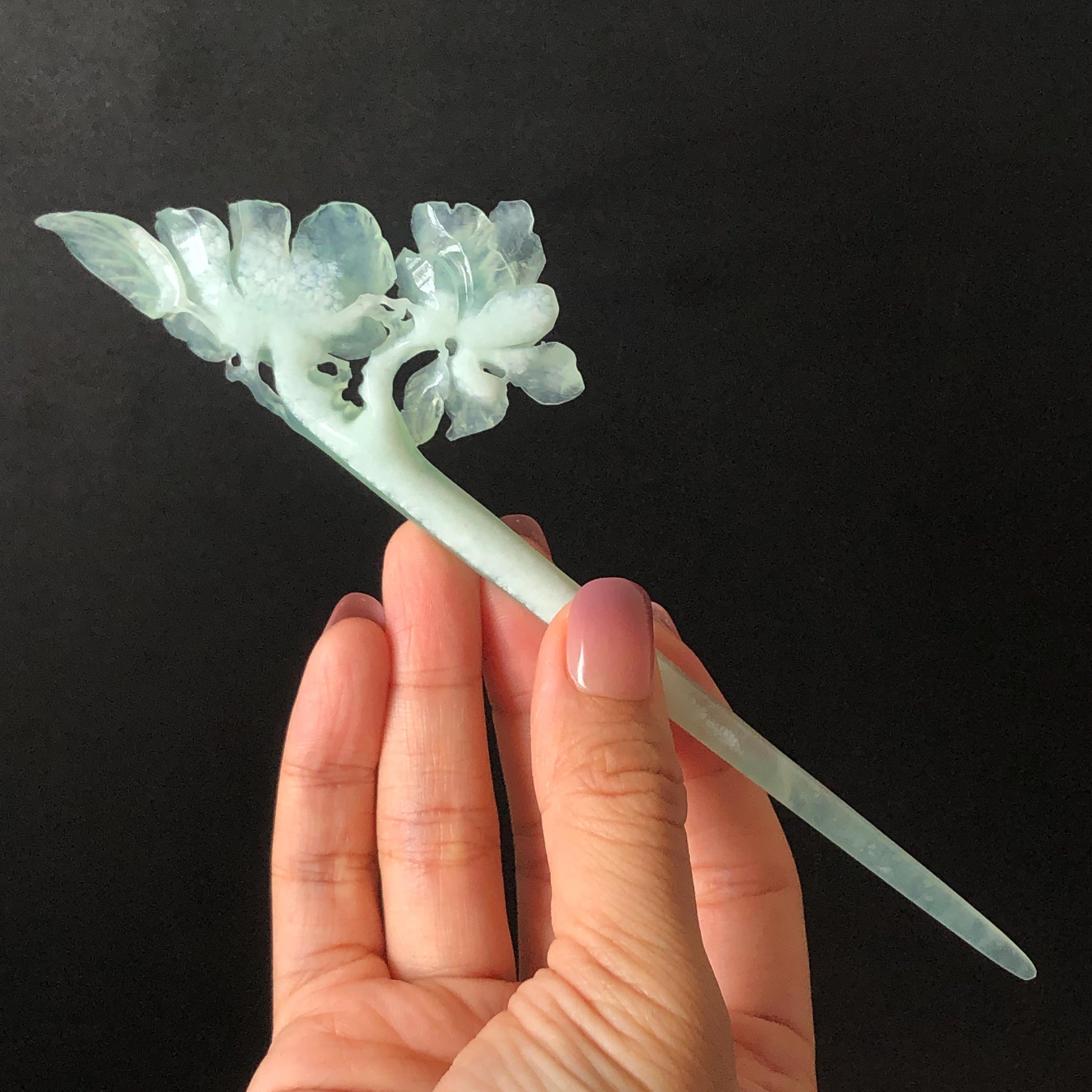 Certified Xiu Jade Serpentine Hand Carved Blue Camellia Flower Hair Pin: Natural Blue Jade Hair Stick for Wedding Headpiece Hair accessories gift for her blue jade carving hand engraved camellia flower hair fork hand carved flower hair comb Asian chinese hairpins hanfu hair stick korean hairpins japanese hair clip bridal shower hair clip natural untreated jade with certificate camellia carving chinese jade hair stick