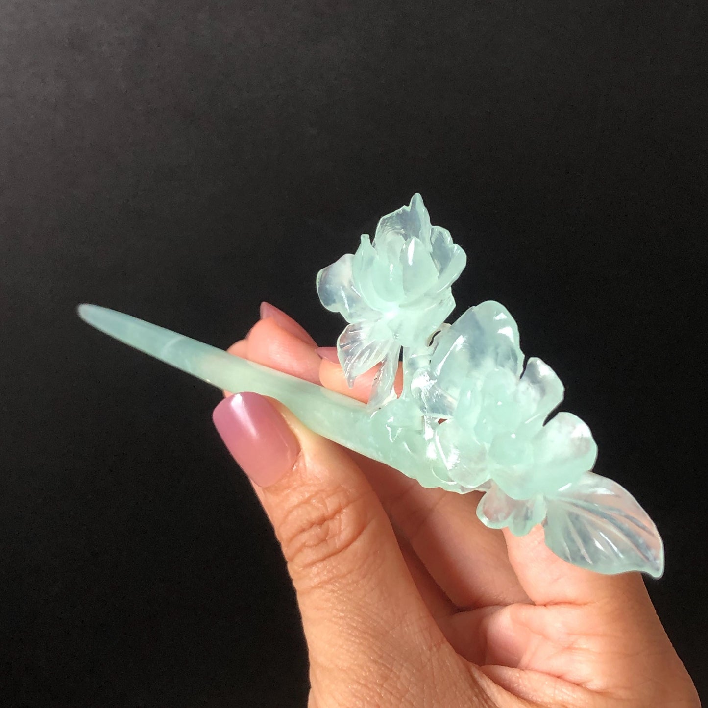 Certified Xiu Jade Serpentine Hand Carved Blue Camellia Flower Hair Pin: Natural Blue Jade Hair Stick for Wedding Headpiece Hair accessories gift for her blue jade carving hand engraved camellia flower hair fork hand carved flower hair comb Asian chinese hairpins hanfu hair stick korean hairpins japanese hair clip bridal shower hair clip natural untreated jade with certificate camellia carving chinese jade hair stick