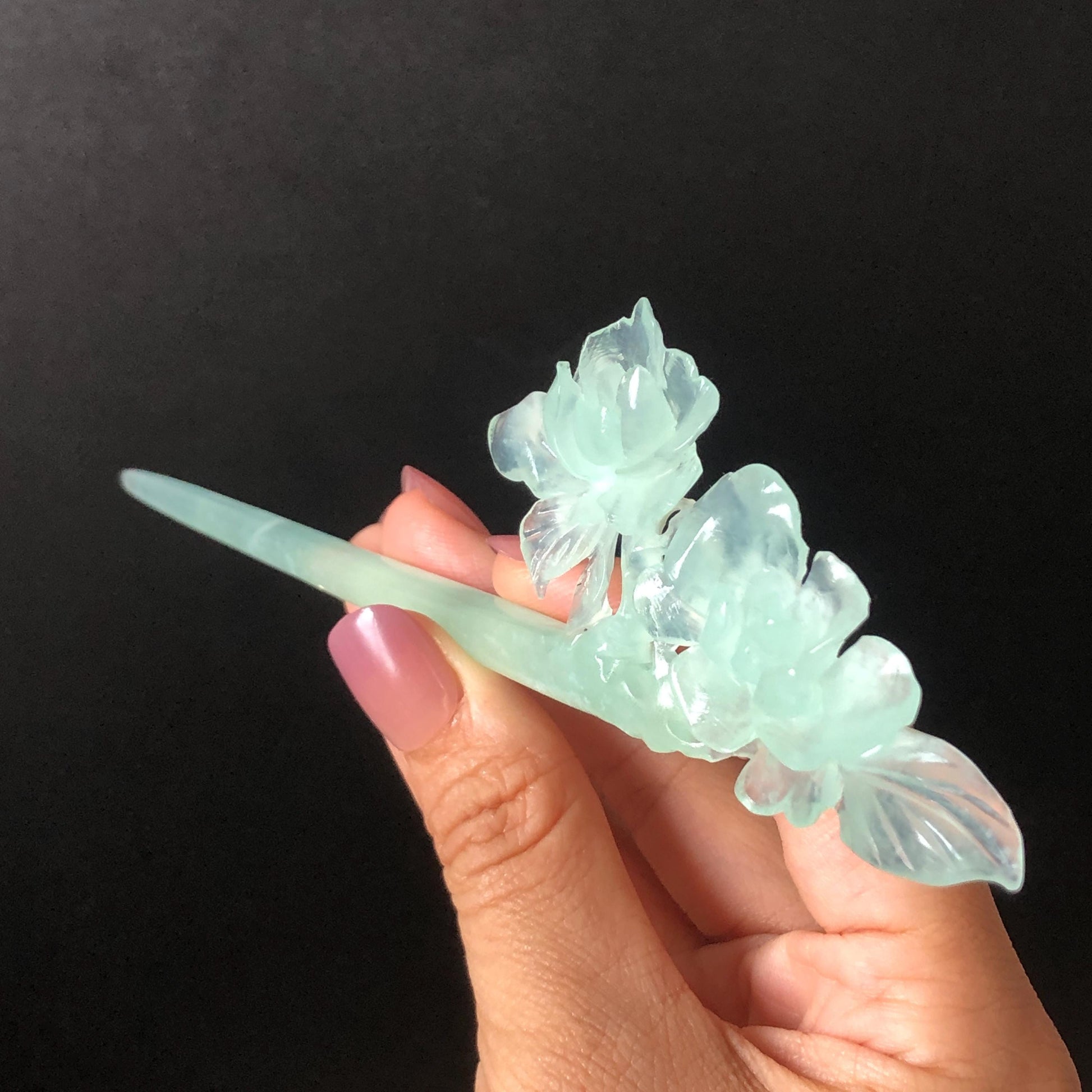 Certified Xiu Jade Serpentine Hand Carved Blue Camellia Flower Hair Pin: Natural Blue Jade Hair Stick for Wedding Headpiece Hair accessories gift for her blue jade carving hand engraved camellia flower hair fork hand carved flower hair comb Asian chinese hairpins hanfu hair stick korean hairpins japanese hair clip bridal shower hair clip natural untreated jade with certificate camellia carving chinese jade hair stick