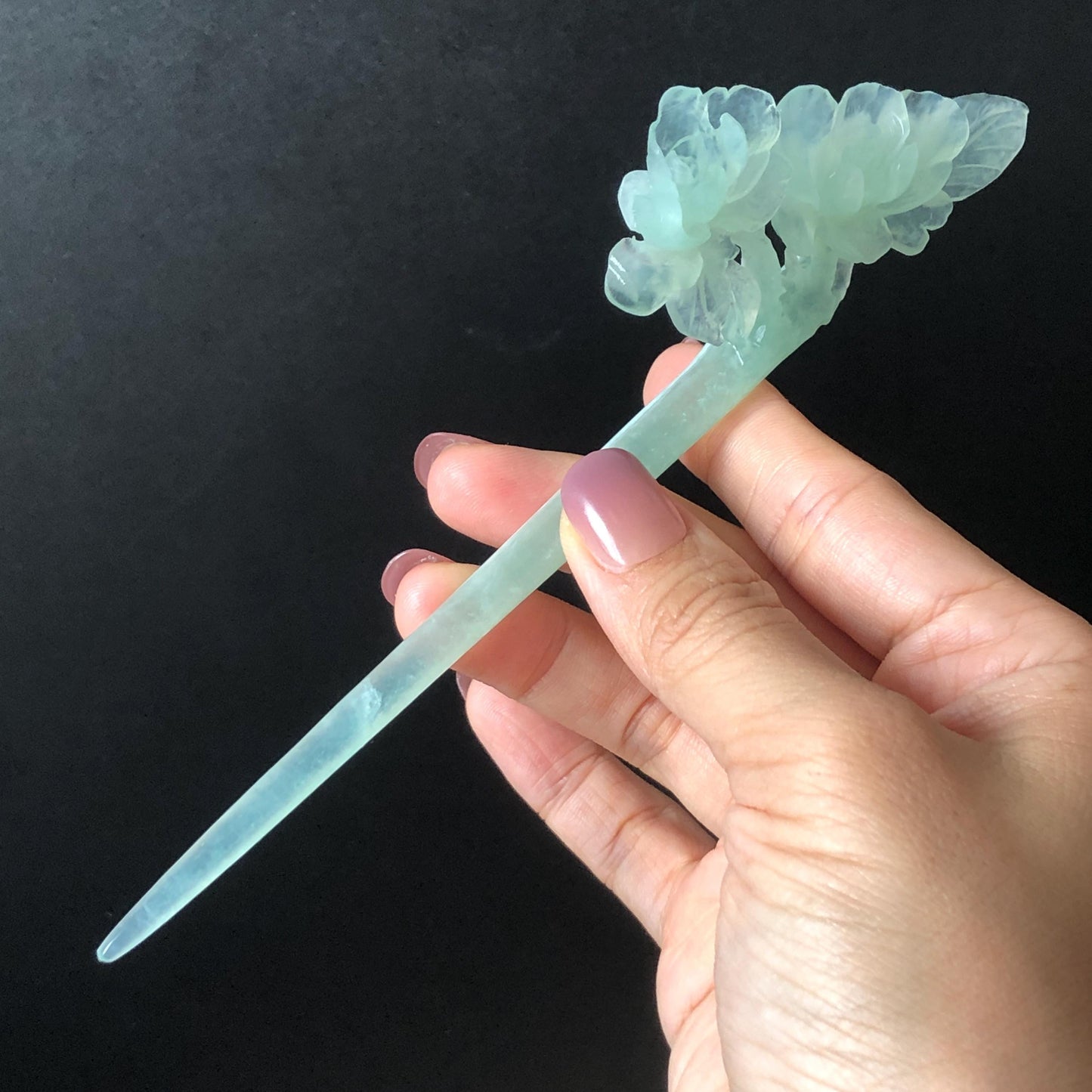 Certified Xiu Jade Serpentine Hand Carved Blue Camellia Flower Hair Pin: Natural Blue Jade Hair Stick for Wedding Headpiece Hair accessories gift for her blue jade carving hand engraved camellia flower hair fork hand carved flower hair comb Asian chinese hairpins hanfu hair stick korean hairpins japanese hair clip bridal shower hair clip natural untreated jade with certificate camellia carving chinese jade hair stick