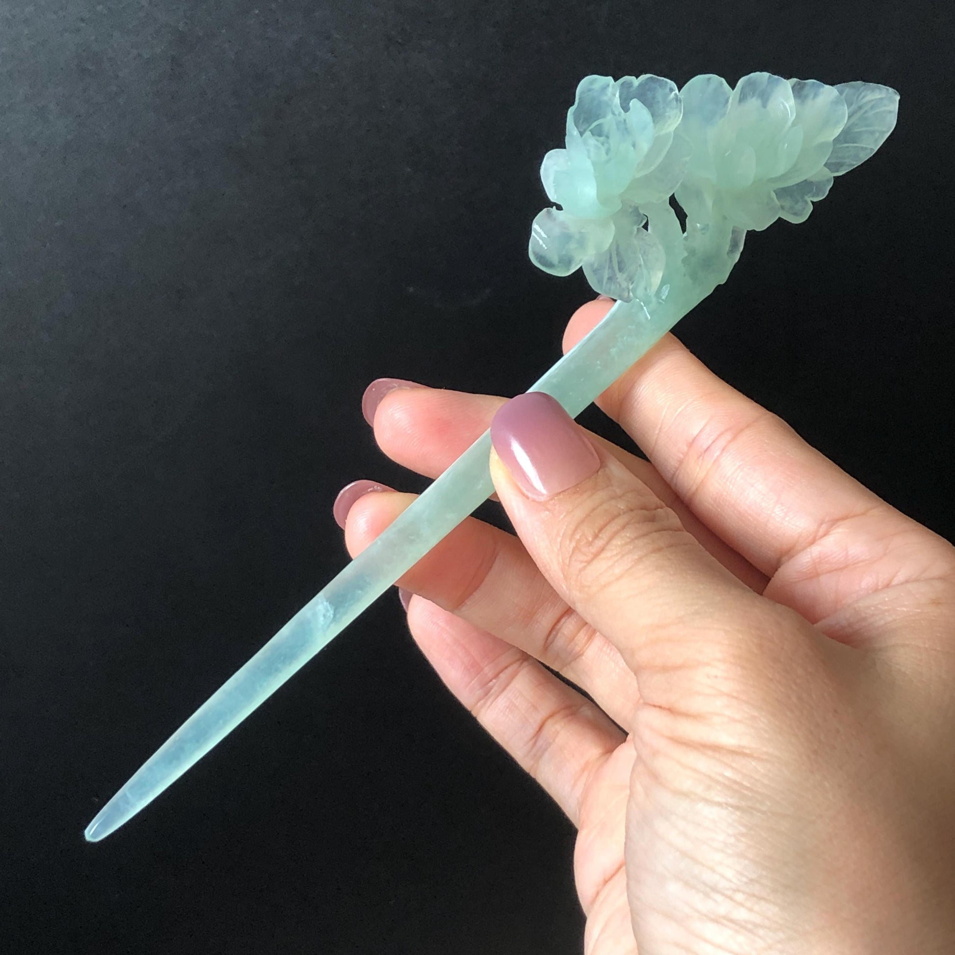 Certified Xiu Jade Serpentine Hand Carved Blue Camellia Flower Hair Pin: Natural Blue Jade Hair Stick for Wedding Headpiece Hair accessories gift for her blue jade carving hand engraved camellia flower hair fork hand carved flower hair comb Asian chinese hairpins hanfu hair stick korean hairpins japanese hair clip bridal shower hair clip natural untreated jade with certificate camellia carving chinese jade hair stick