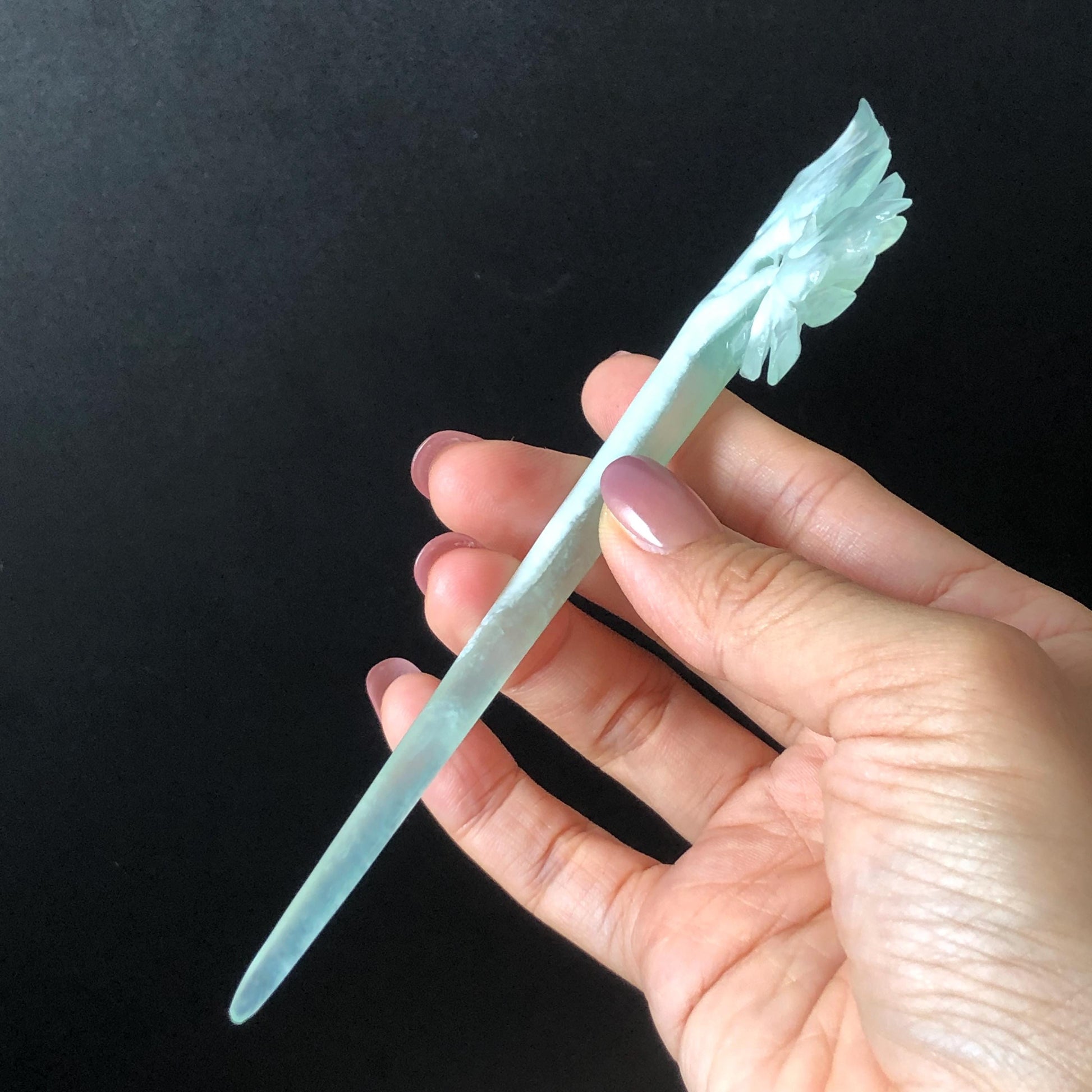 Certified Xiu Jade Serpentine Hand Carved Blue Camellia Flower Hair Pin: Natural Blue Jade Hair Stick for Wedding Headpiece Hair accessories gift for her blue jade carving hand engraved camellia flower hair fork hand carved flower hair comb Asian chinese hairpins hanfu hair stick korean hairpins japanese hair clip bridal shower hair clip natural untreated jade with certificate camellia carving chinese jade hair stick