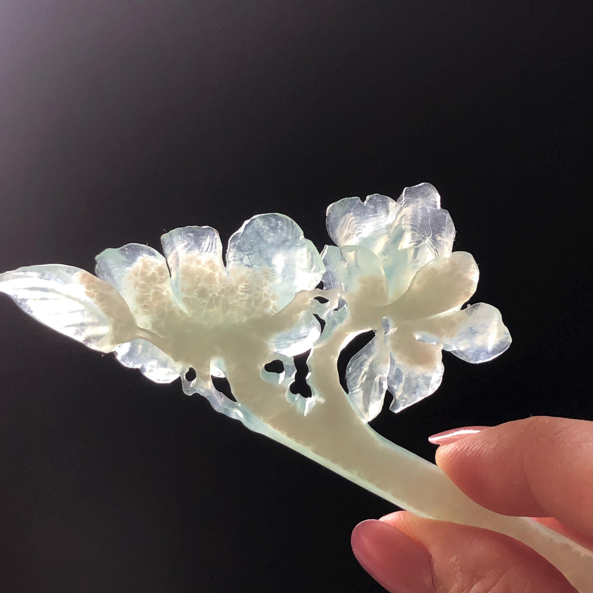 Certified Xiu Jade Serpentine Hand Carved Blue Camellia Flower Hair Pin: Natural Blue Jade Hair Stick for Wedding Headpiece Hair accessories gift for her blue jade carving hand engraved camellia flower hair fork hand carved flower hair comb Asian chinese hairpins hanfu hair stick korean hairpins japanese hair clip bridal shower hair clip natural untreated jade with certificate camellia carving chinese jade hair stick