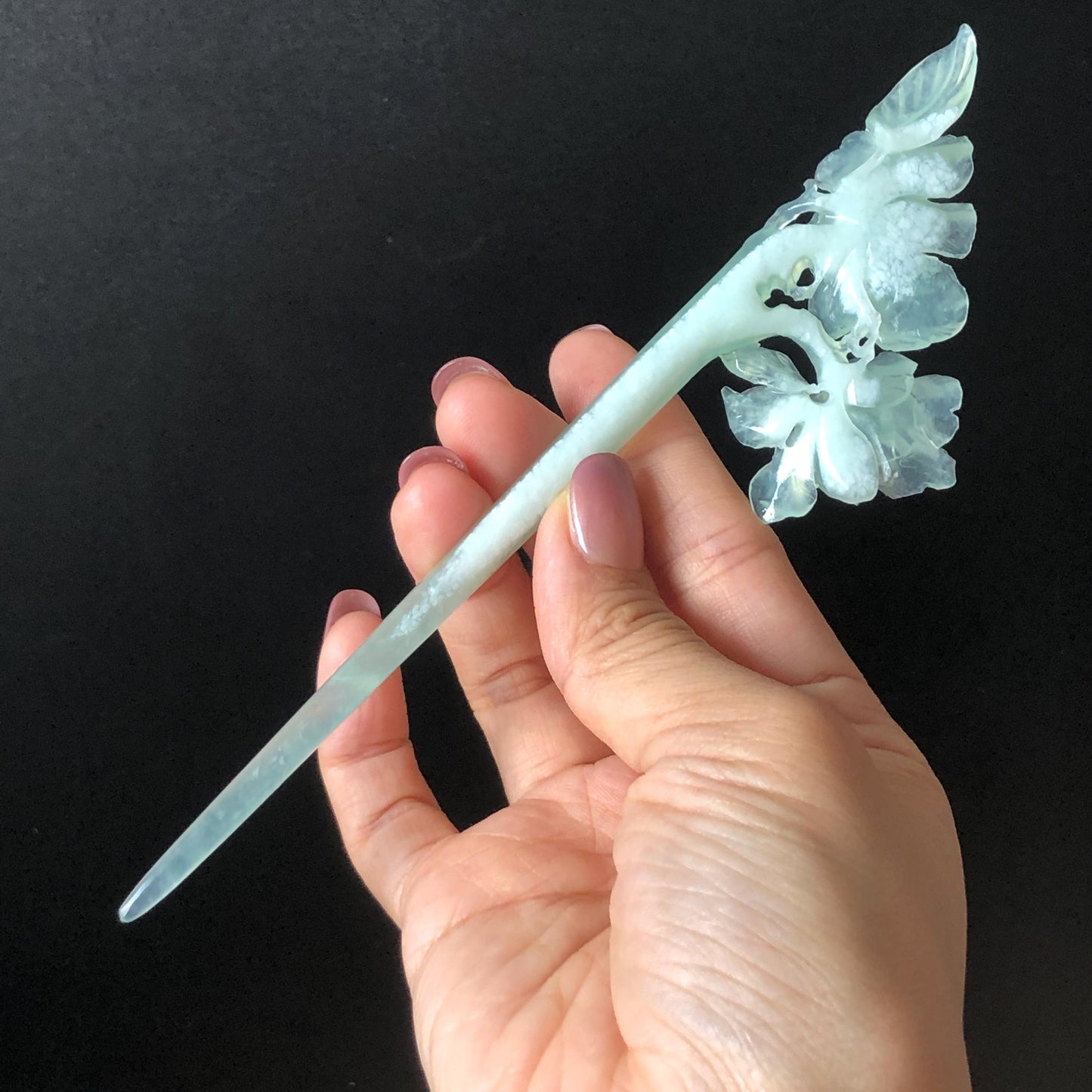 Certified Xiu Jade Serpentine Hand Carved Blue Camellia Flower Hair Pin: Natural Blue Jade Hair Stick for Wedding Headpiece Hair accessories gift for her blue jade carving hand engraved camellia flower hair fork hand carved flower hair comb Asian chinese hairpins hanfu hair stick korean hairpins japanese hair clip bridal shower hair clip natural untreated jade with certificate camellia carving chinese jade hair stick
