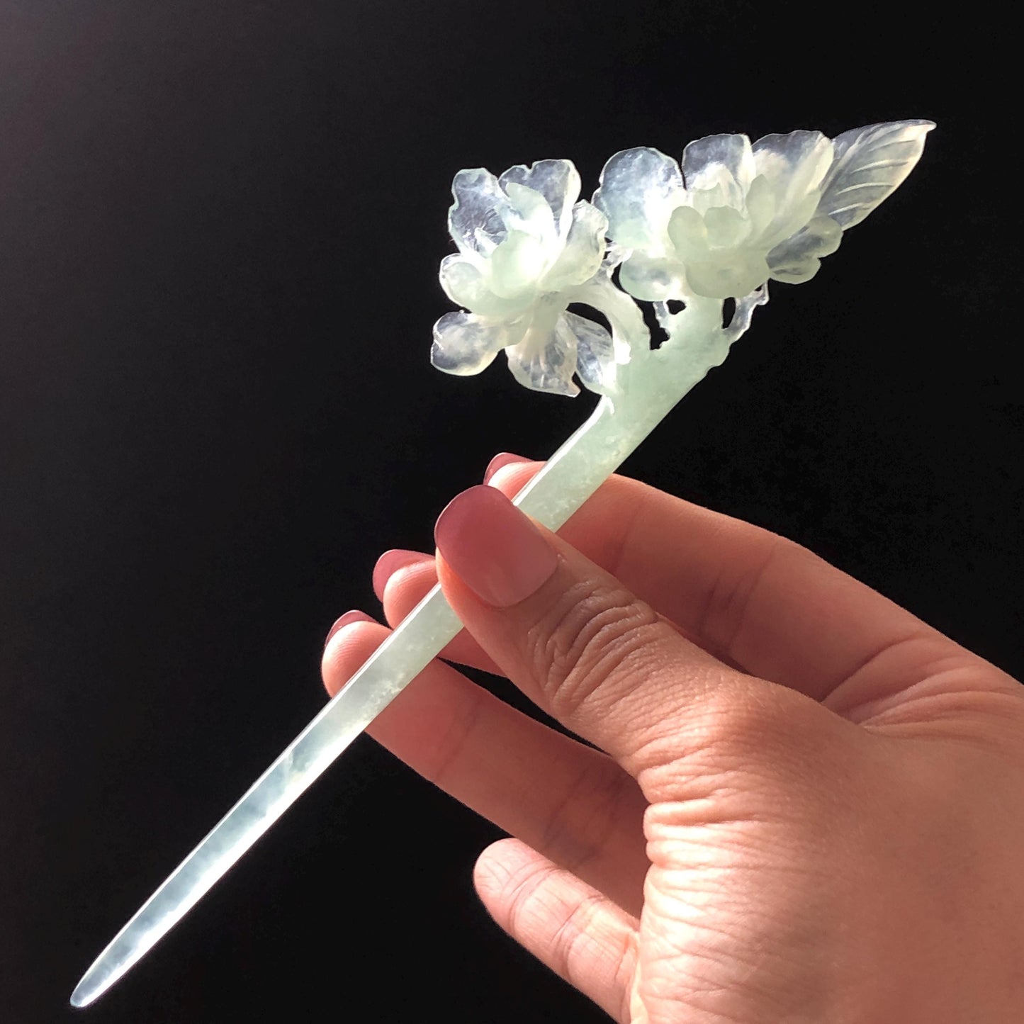 Certified Xiu Jade Serpentine Hand Carved Blue Camellia Flower Hair Pin: Natural Blue Jade Hair Stick for Wedding Headpiece Hair accessories gift for her blue jade carving hand engraved camellia flower hair fork hand carved flower hair comb Asian chinese hairpins hanfu hair stick korean hairpins japanese hair clip bridal shower hair clip natural untreated jade with certificate camellia carving chinese jade hair stick
