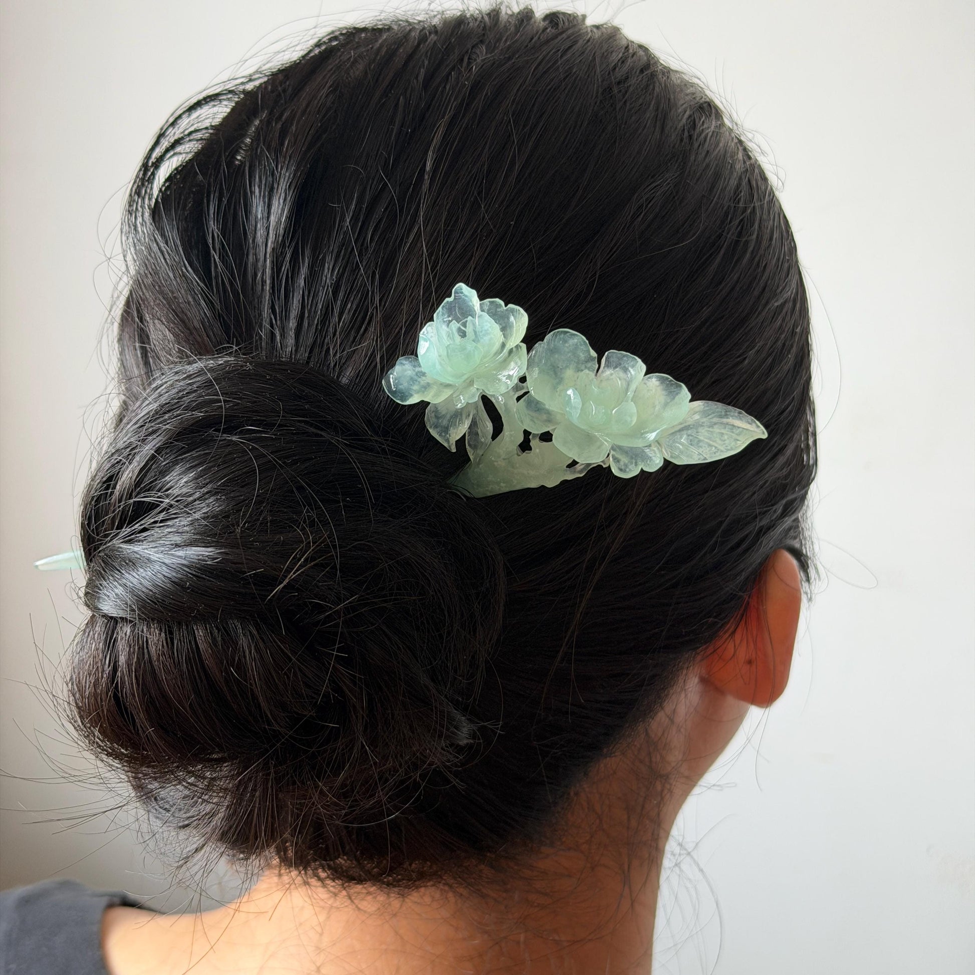 Certified Xiu Jade Serpentine Hand Carved Blue Camellia Flower Hair Pin: Natural Blue Jade Hair Stick for Wedding Headpiece Hair accessories gift for her blue jade carving hand engraved camellia flower hair fork hand carved flower hair comb Asian chinese hairpins hanfu hair stick korean hairpins japanese hair clip bridal shower hair clip natural untreated jade with certificate camellia carving chinese jade hair stick