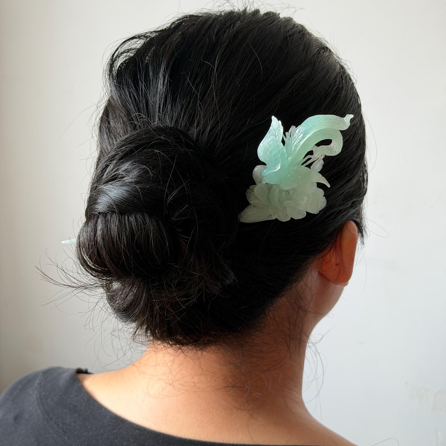 Xiu Jade Serpentine Hand Carved Blue Longevity Bird & Peony Hair Pin: Natural Certified Frosty Blue Jade Hanfu Hair Stick 3D Stone Carving Hair Jewelry  for Wedding Headpiece Hair accessories gift for her blue jade carving hand engraved peony flower hair fork hand carved flower hair comb Asian chinese hairpins hanfu hair stick korean hairpins japanese hair clip bridal shower hair clip natural untreated jade with certificate peony carving chinese jade hair stick bird carving bird lover gift