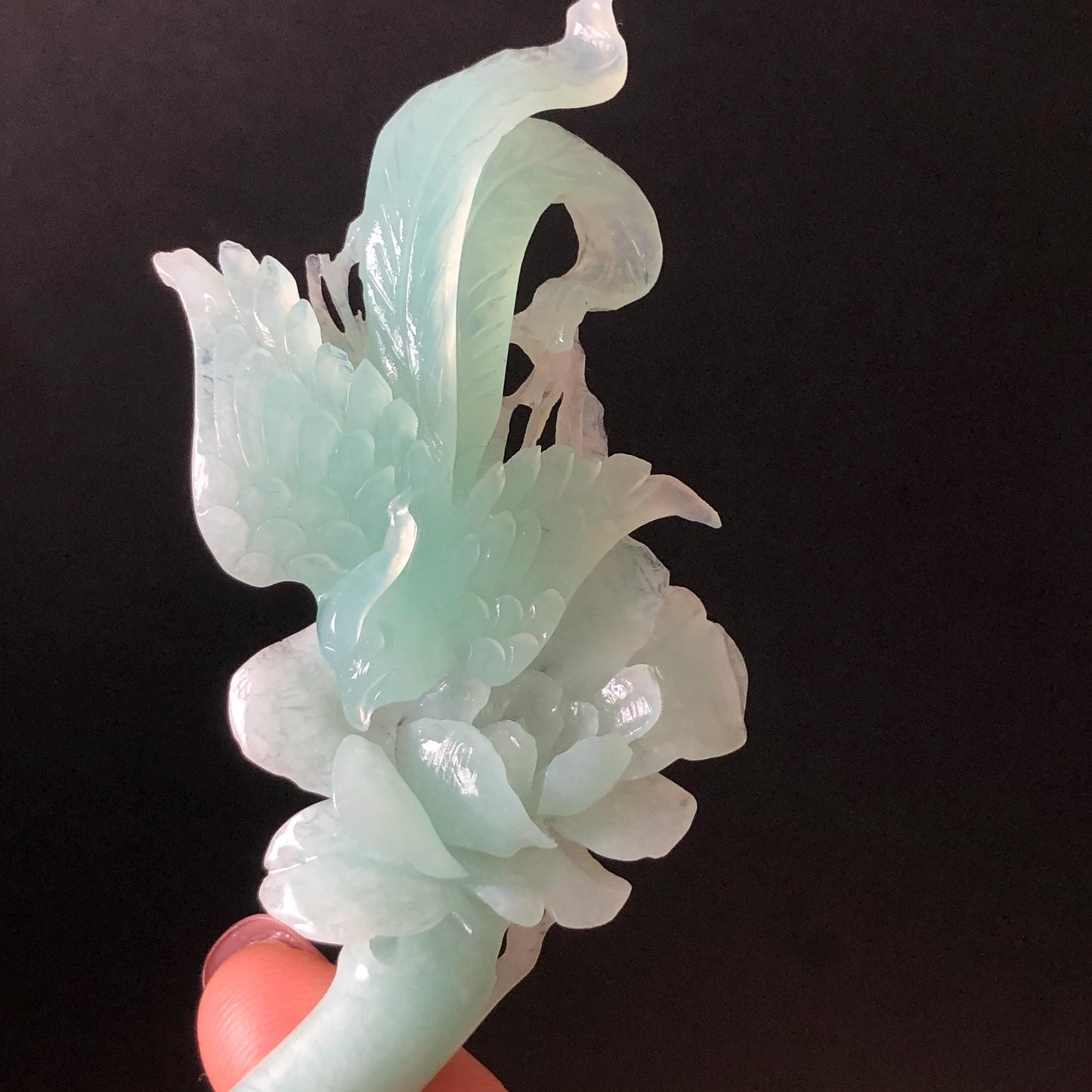 Xiu Jade Serpentine Hand Carved Blue Longevity Bird & Peony Hair Pin: Natural Certified Frosty Blue Jade Hanfu Hair Stick 3D Stone Carving Hair Jewelry  for Wedding Headpiece Hair accessories gift for her blue jade carving hand engraved peony flower hair fork hand carved flower hair comb Asian chinese hairpins hanfu hair stick korean hairpins japanese hair clip bridal shower hair clip natural untreated jade with certificate peony carving chinese jade hair stick bird carving bird lover gift