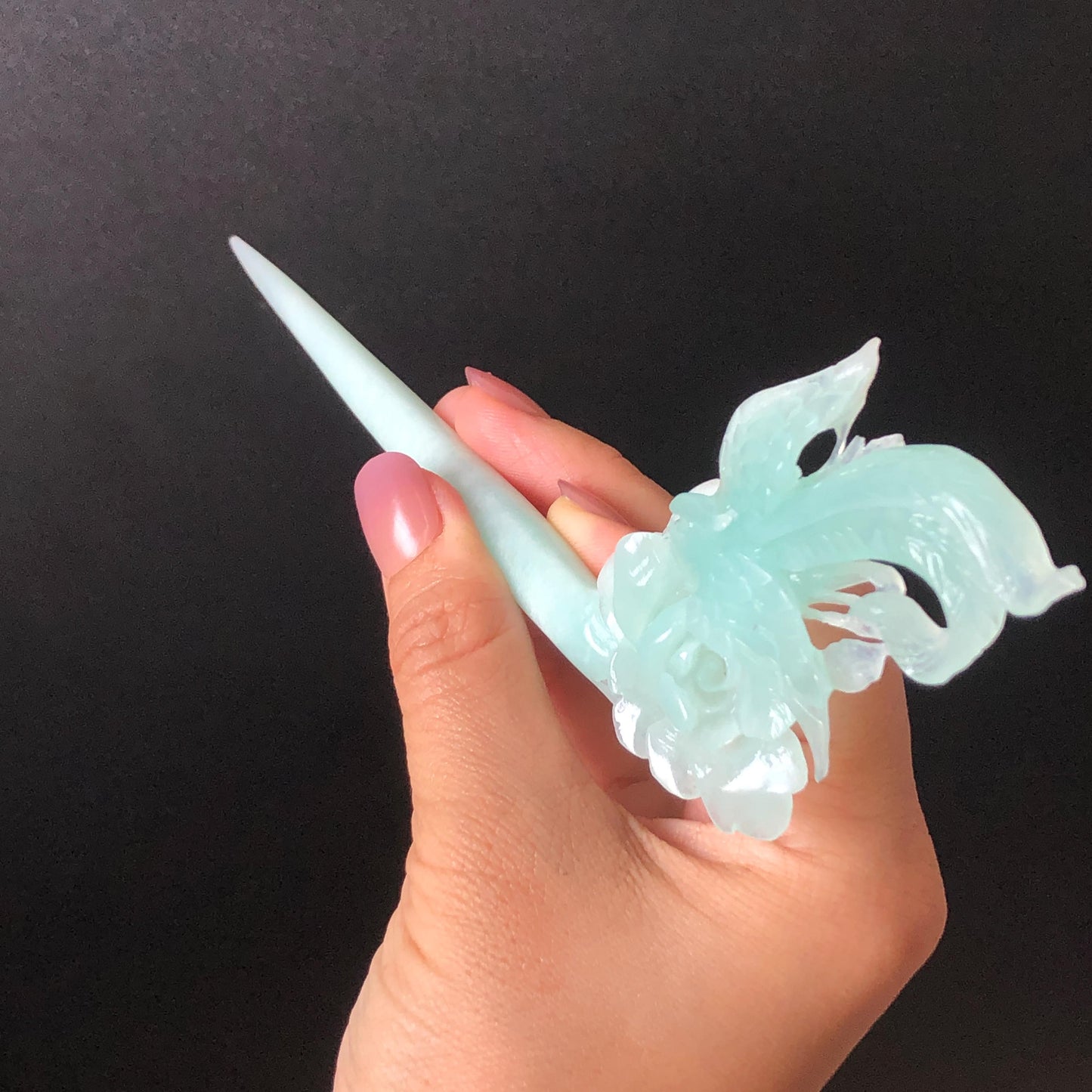 Xiu Jade Serpentine Hand Carved Blue Longevity Bird & Peony Hair Pin: Natural Certified Frosty Blue Jade Hanfu Hair Stick 3D Stone Carving Hair Jewelry  for Wedding Headpiece Hair accessories gift for her blue jade carving hand engraved peony flower hair fork hand carved flower hair comb Asian chinese hairpins hanfu hair stick korean hairpins japanese hair clip bridal shower hair clip natural untreated jade with certificate peony carving chinese jade hair stick bird carving bird lover gift