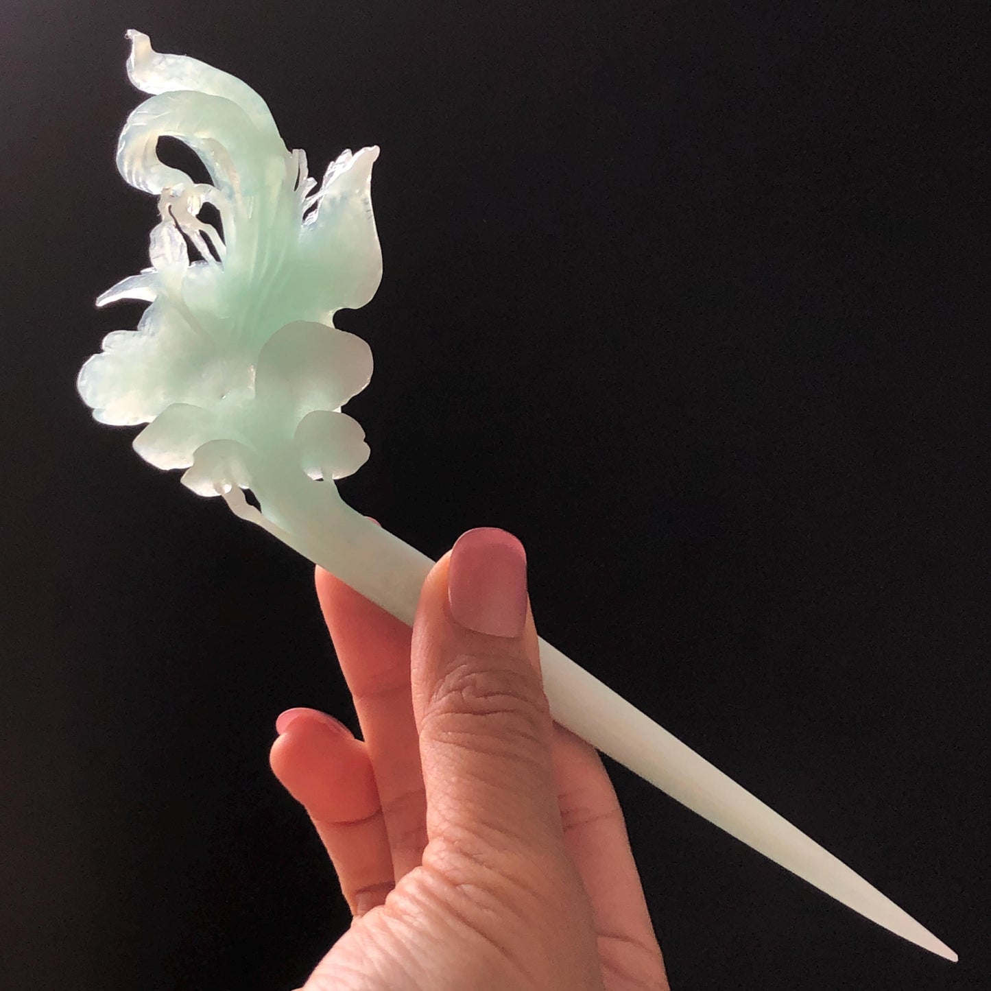 Xiu Jade Serpentine Hand Carved Blue Longevity Bird & Peony Hair Pin: Natural Certified Frosty Blue Jade Hanfu Hair Stick 3D Stone Carving Hair Jewelry  for Wedding Headpiece Hair accessories gift for her blue jade carving hand engraved peony flower hair fork hand carved flower hair comb Asian chinese hairpins hanfu hair stick korean hairpins japanese hair clip bridal shower hair clip natural untreated jade with certificate peony carving chinese jade hair stick bird carving bird lover gift