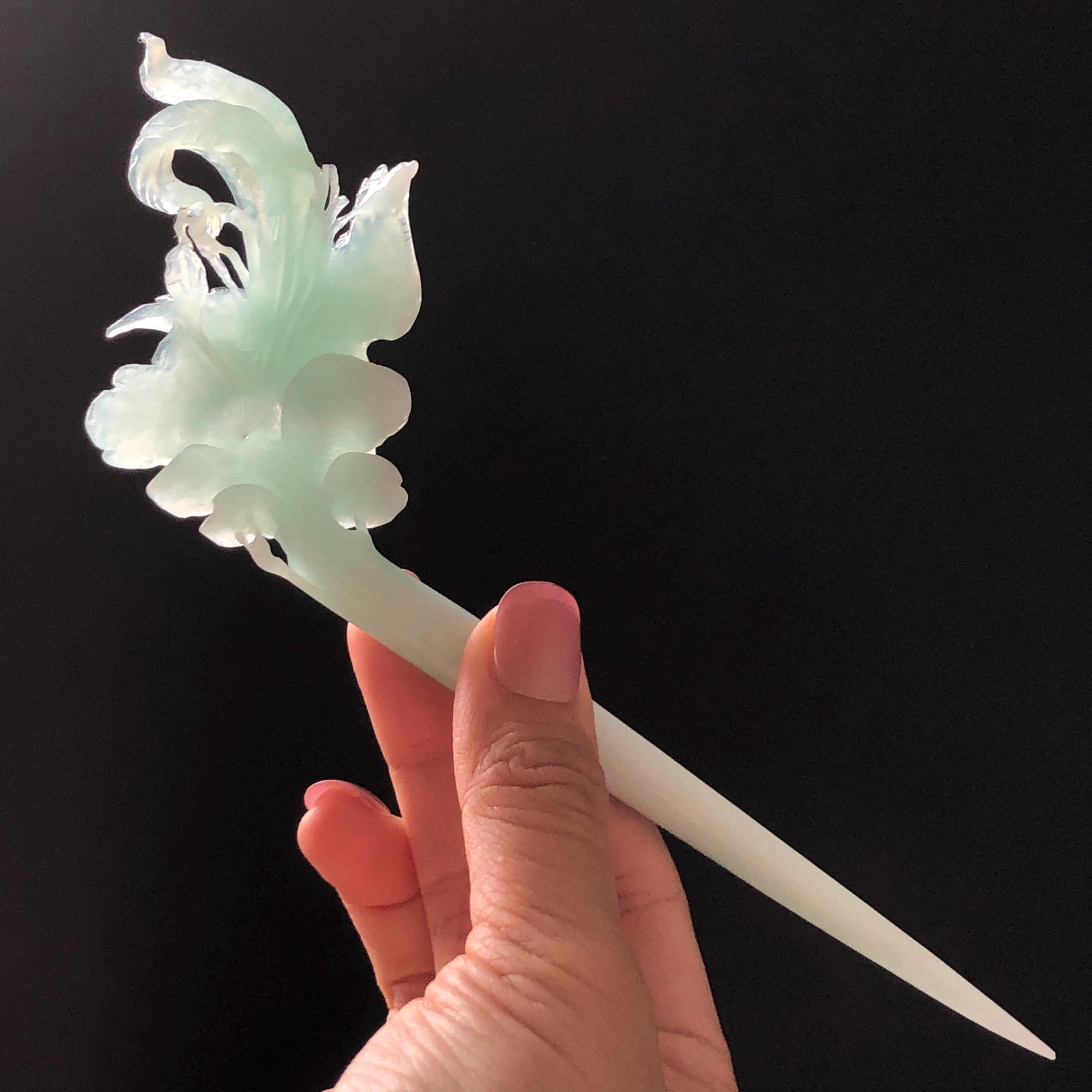 Xiu Jade Serpentine Hand Carved Blue Longevity Bird & Peony Hair Pin: Natural Certified Frosty Blue Jade Hanfu Hair Stick 3D Stone Carving Hair Jewelry  for Wedding Headpiece Hair accessories gift for her blue jade carving hand engraved peony flower hair fork hand carved flower hair comb Asian chinese hairpins hanfu hair stick korean hairpins japanese hair clip bridal shower hair clip natural untreated jade with certificate peony carving chinese jade hair stick bird carving bird lover gift