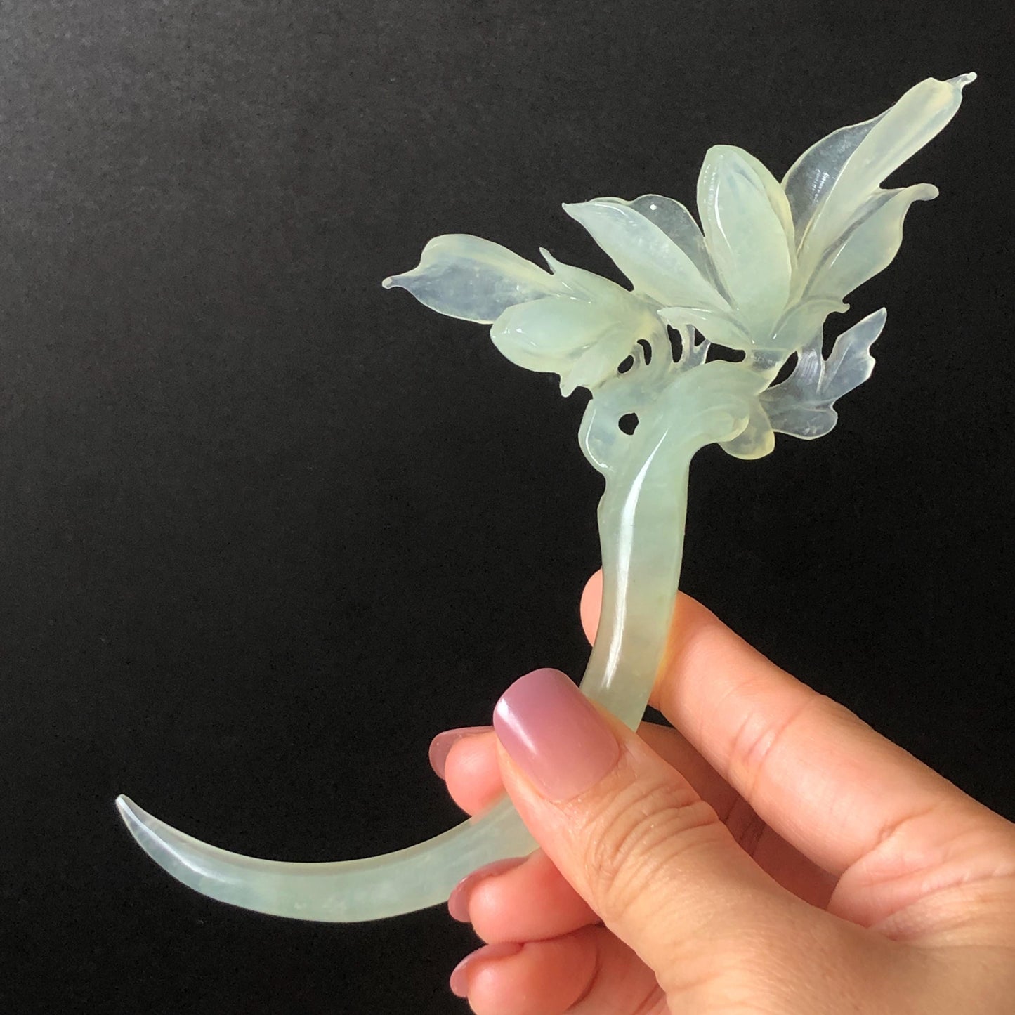 Certified Natural Xiu Jade Serpentine Hand Carved Yulan Flower Hair Pin | Ice Green Jade Handcrafted Hair Stick | Bridal Wedding Headpiece gift for her japanese hairpin korean hair stick chinese hair fork vintage hair comb antique hair pins hanfu hair stick bridal shower hair jewelry wedding headpiece bridal shower gift engagement hair accessory jade carving hand engraved jade hand carved flower jade hairpins untreated natural jade with certificate handcraft jade half moon hairpin
