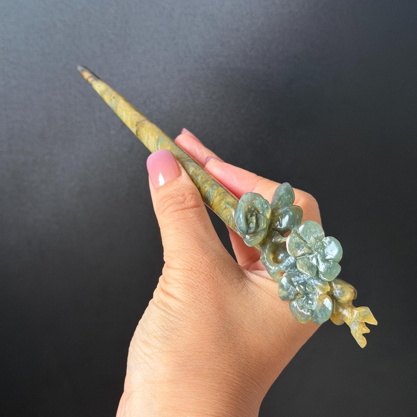 Xiu Jade Serpentine Hand Carved Plum Blossom Flower Hair Pin: Natural Yellow Green Jade Hair Stick 3D stone carving Hair Jewelry Chinese Vintage Hanfu Antique Bridal Hair Fork Gift for her japanese hairpin korean hair stick chinese hair fork vintage hair comb antique hair pins bridal shower hair jewelry wedding headpiece bridal shower gift engagement hair accessory jade carving hand engraved jade hand carved flower jade hairpins untreated natural jade with certificate green jade yellow jade
