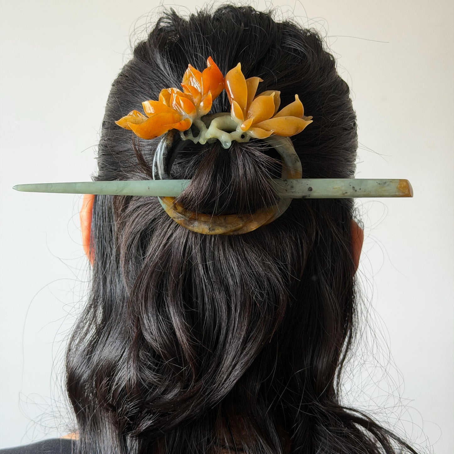 Xiu Jade Serpentine Hand Carved Yulan Flowers Hair Pin: Certified Natural Multicolor Orange Yellow Green Jade Hair Stick, Asian Vintage Hair Fork  Chinese Antique Bridal Gift for her japanese hairpin korean hair stick hair comb antique hair pins hanfu hair stick bridal shower hair jewelry wedding headpiece engagement hair accessory jade carving hand engraved jade hand carved flower jade hairpins untreated jade certificate flower carving yulan carving 3D stone carving handcrafted magnolias jade