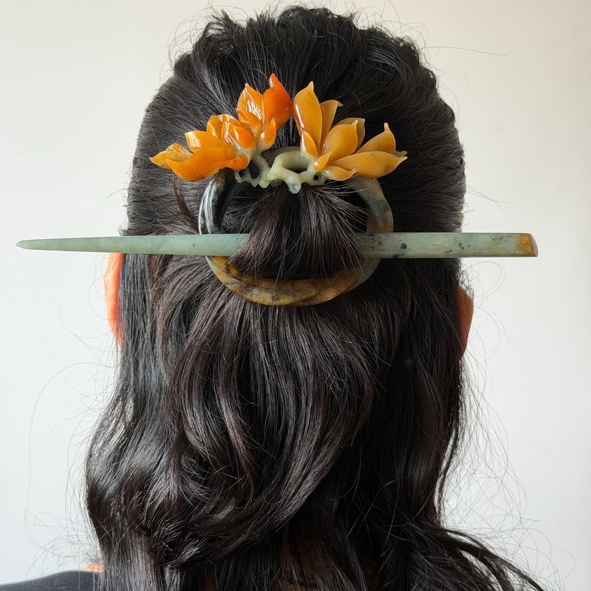 Xiu Jade Serpentine Hand Carved Yulan Flowers Hair Pin: Certified Natural Multicolor Orange Yellow Green Jade Hair Stick, Asian Vintage Hair Fork  Chinese Antique Bridal Gift for her japanese hairpin korean hair stick hair comb antique hair pins hanfu hair stick bridal shower hair jewelry wedding headpiece engagement hair accessory jade carving hand engraved jade hand carved flower jade hairpins untreated jade certificate flower carving yulan carving 3D stone carving handcrafted magnolias jade