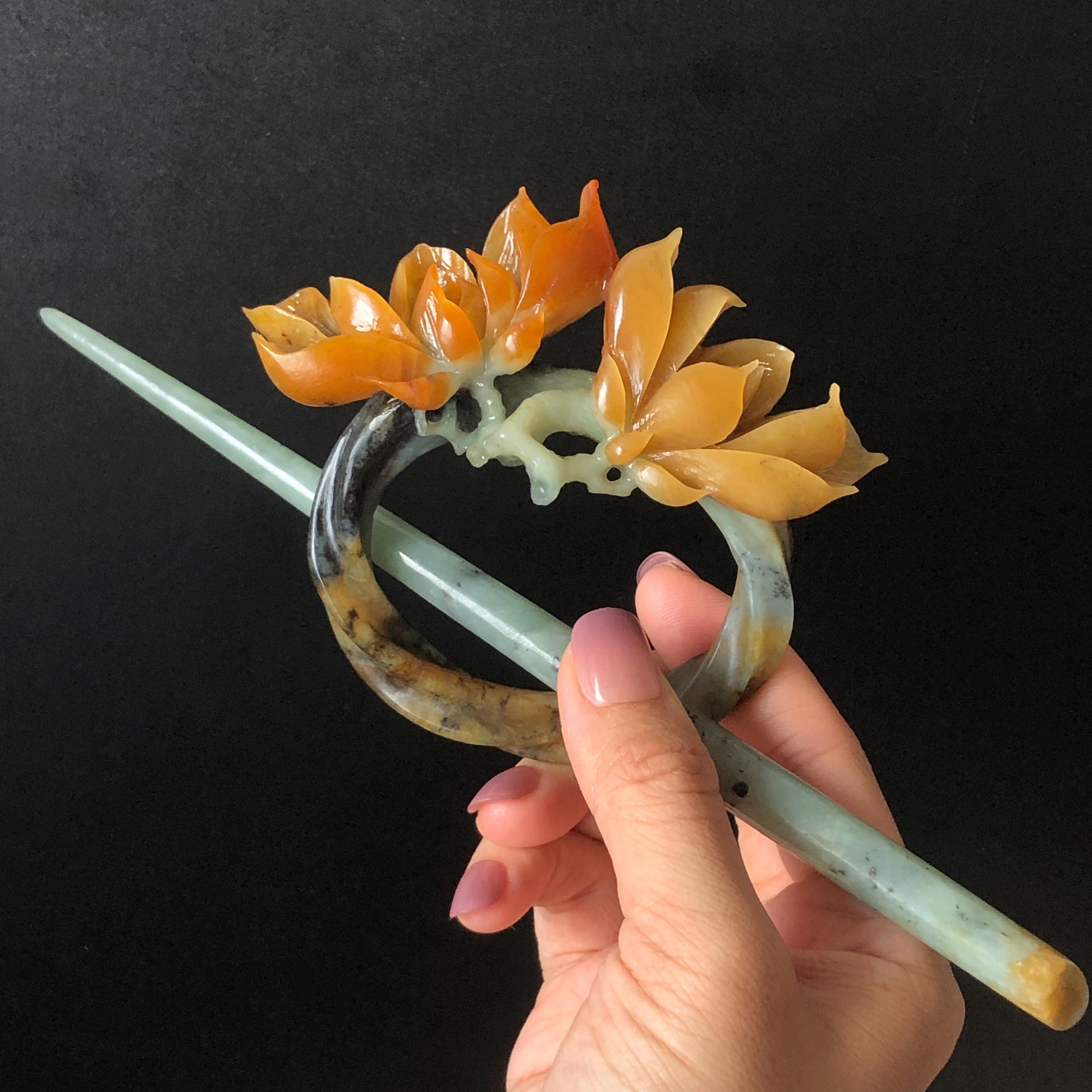 Xiu Jade Serpentine Hand Carved Yulan Flowers Hair Pin: Certified Natural Multicolor Orange Yellow Green Jade Hair Stick, Asian Vintage Hair Fork  Chinese Antique Bridal Gift for her japanese hairpin korean hair stick hair comb antique hair pins hanfu hair stick bridal shower hair jewelry wedding headpiece engagement hair accessory jade carving hand engraved jade hand carved flower jade hairpins untreated jade certificate flower carving yulan carving 3D stone carving handcrafted magnolias jade