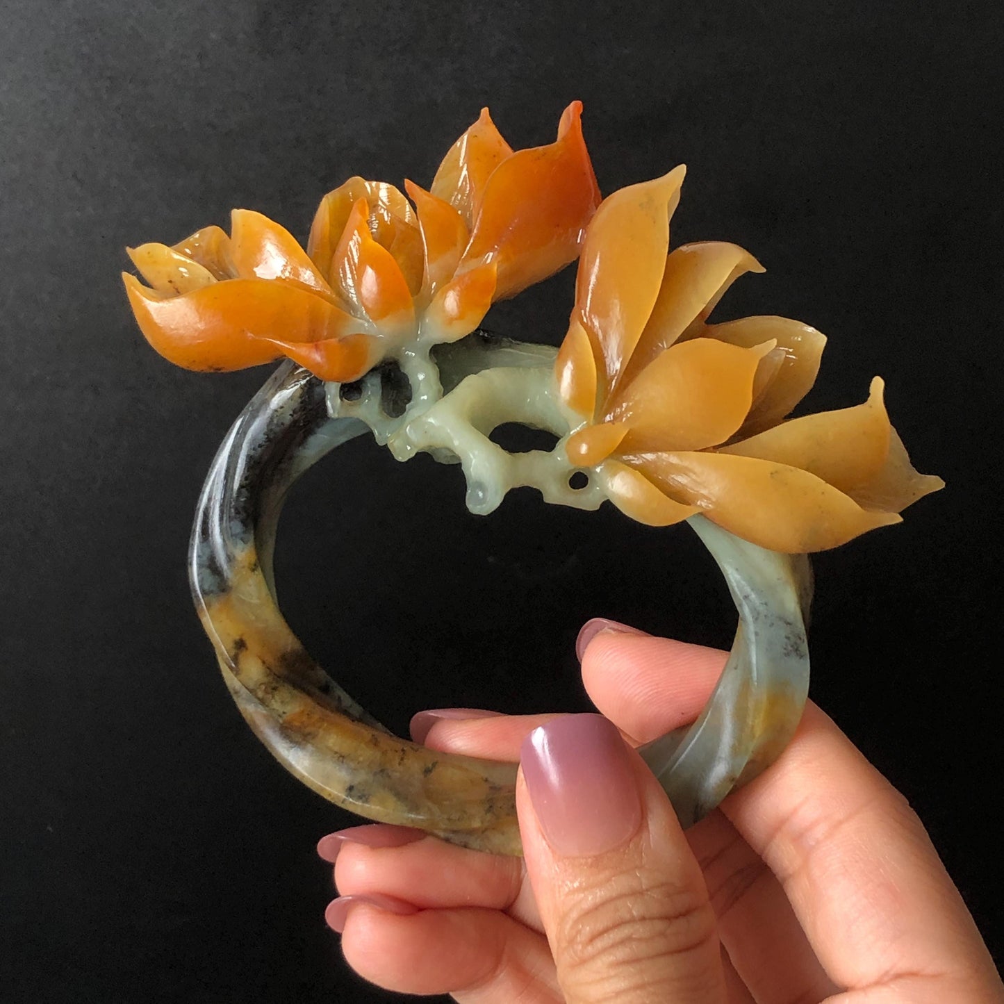 Xiu Jade Serpentine Hand Carved Yulan Flowers Hair Pin: Certified Natural Multicolor Orange Yellow Green Jade Hair Stick, Asian Vintage Hair Fork  Chinese Antique Bridal Gift for her japanese hairpin korean hair stick hair comb antique hair pins hanfu hair stick bridal shower hair jewelry wedding headpiece engagement hair accessory jade carving hand engraved jade hand carved flower jade hairpins untreated jade certificate flower carving yulan carving 3D stone carving handcrafted magnolias jade