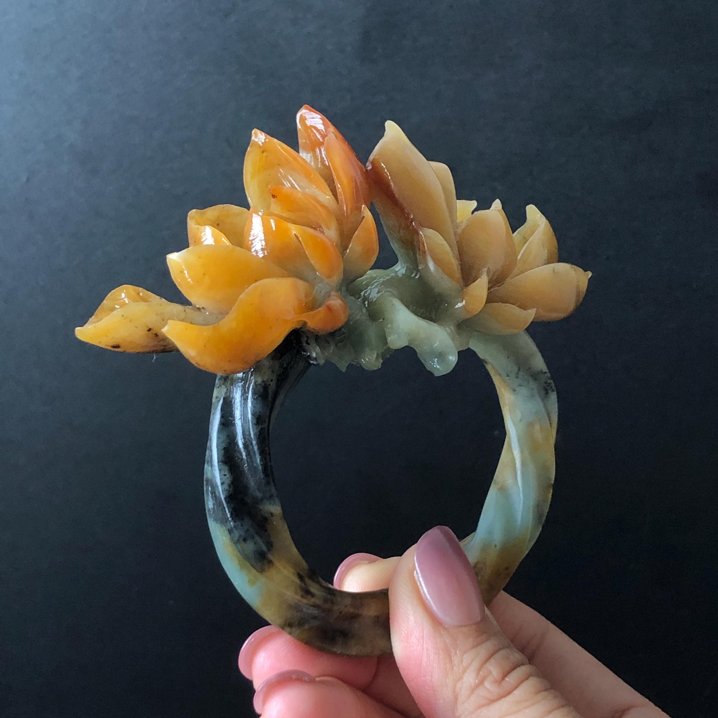Xiu Jade Serpentine Hand Carved Yulan Flowers Hair Pin: Certified Natural Multicolor Orange Yellow Green Jade Hair Stick, Asian Vintage Hair Fork  Chinese Antique Bridal Gift for her japanese hairpin korean hair stick hair comb antique hair pins hanfu hair stick bridal shower hair jewelry wedding headpiece engagement hair accessory jade carving hand engraved jade hand carved flower jade hairpins untreated jade certificate flower carving yulan carving 3D stone carving handcrafted magnolias jade