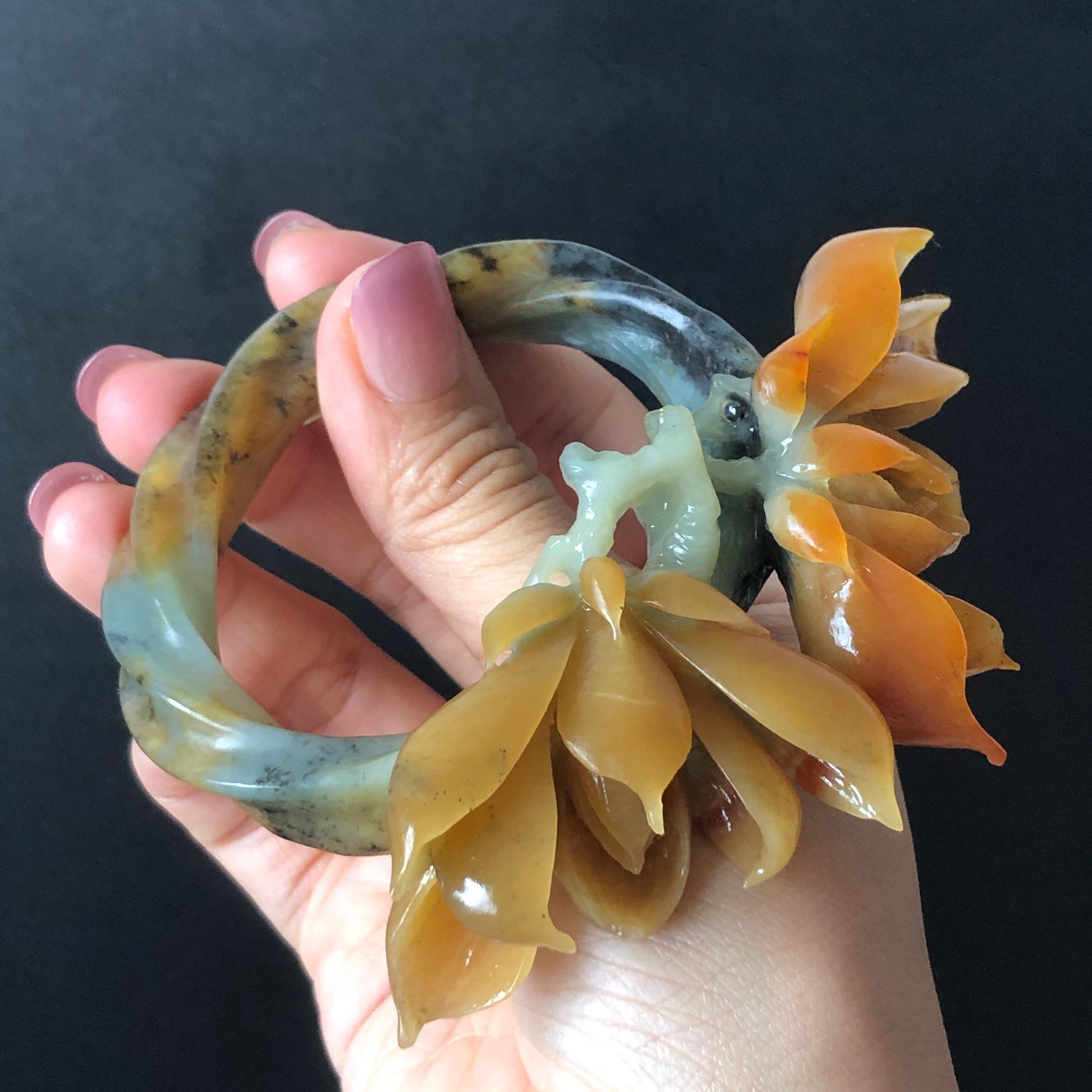 Xiu Jade Serpentine Hand Carved Yulan Flowers Hair Pin: Certified Natural Multicolor Orange Yellow Green Jade Hair Stick, Asian Vintage Hair Fork  Chinese Antique Bridal Gift for her japanese hairpin korean hair stick hair comb antique hair pins hanfu hair stick bridal shower hair jewelry wedding headpiece engagement hair accessory jade carving hand engraved jade hand carved flower jade hairpins untreated jade certificate flower carving yulan carving 3D stone carving handcrafted magnolias jade