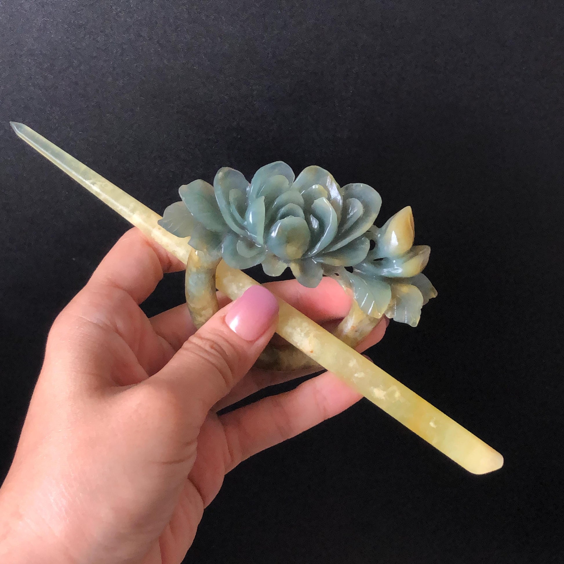 Xiu Jade Serpentine Hand Carved Small Peony Hair Pin: Certified Natural Yellow Green Jade Hair Stick, Asian Vintage Chinese Vintage Hanfu Antique Hair Fork Gift for her japanese hairpin korean hair stick vintage hair comb antique hair pins hanfu hair stick bridal shower hair jewelry wedding headpiece engagement hair accessory jade carving hand engraved jade hand carved flower jade hairpins untreated natural jade certificate phoenix carving peony carving green jade yellow jade multicolour jade