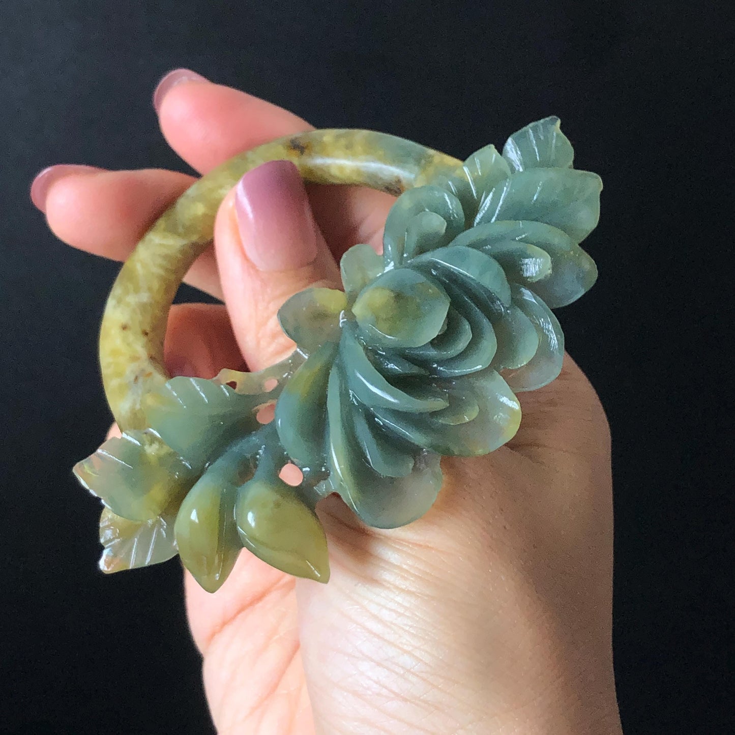 Xiu Jade Serpentine Hand Carved Small Peony Hair Pin: Certified Natural Yellow Green Jade Hair Stick, Asian Vintage Chinese Vintage Hanfu Antique Hair Fork Gift for her japanese hairpin korean hair stick vintage hair comb antique hair pins hanfu hair stick bridal shower hair jewelry wedding headpiece engagement hair accessory jade carving hand engraved jade hand carved flower jade hairpins untreated natural jade certificate phoenix carving peony carving green jade yellow jade multicolour jade