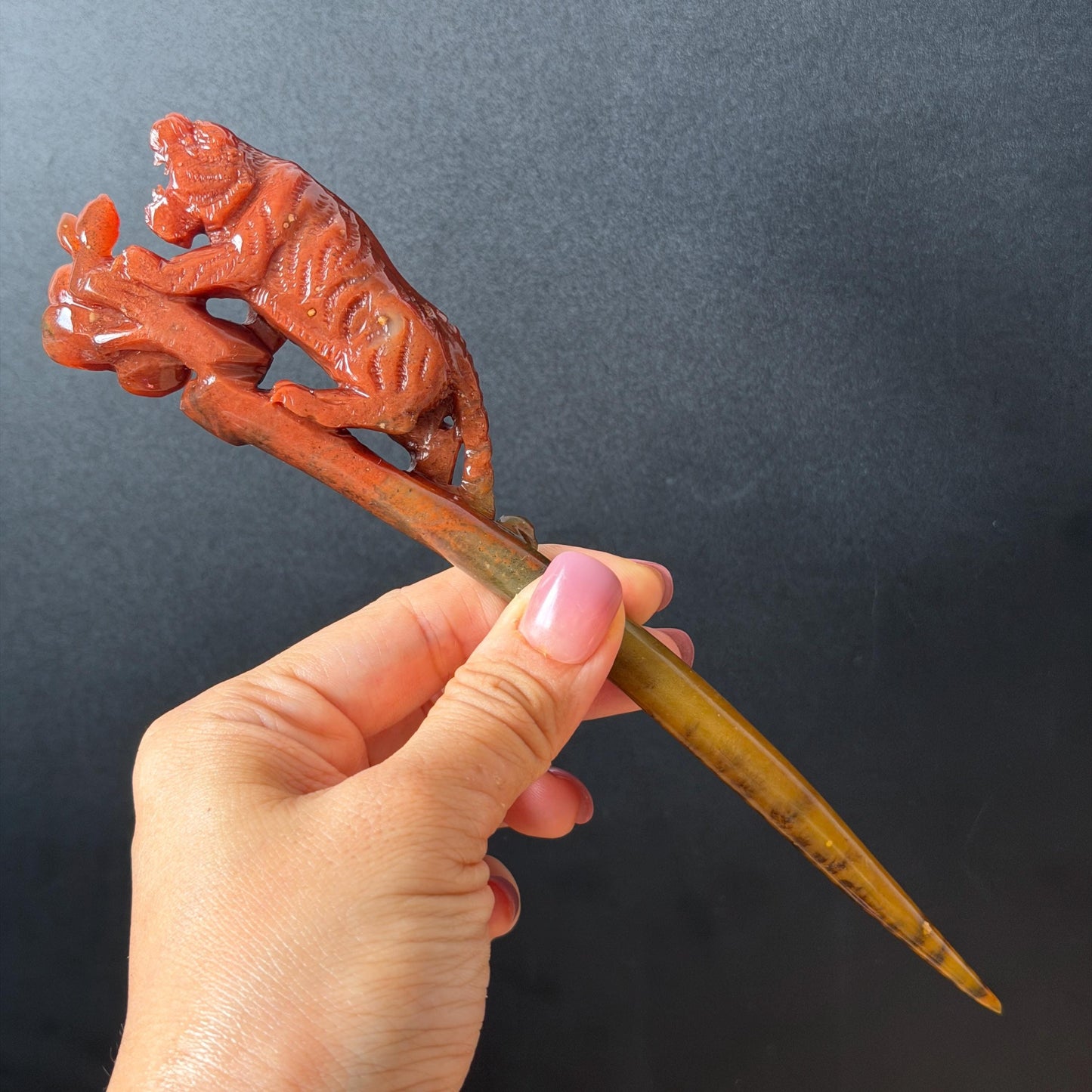 Make to Order! Xiu Jade (Serpentine) Hand Carved Tiger & Rose Hair Pin: Certified Natural Handcrafted Red Jade Hair Stick 3D Stone Carving