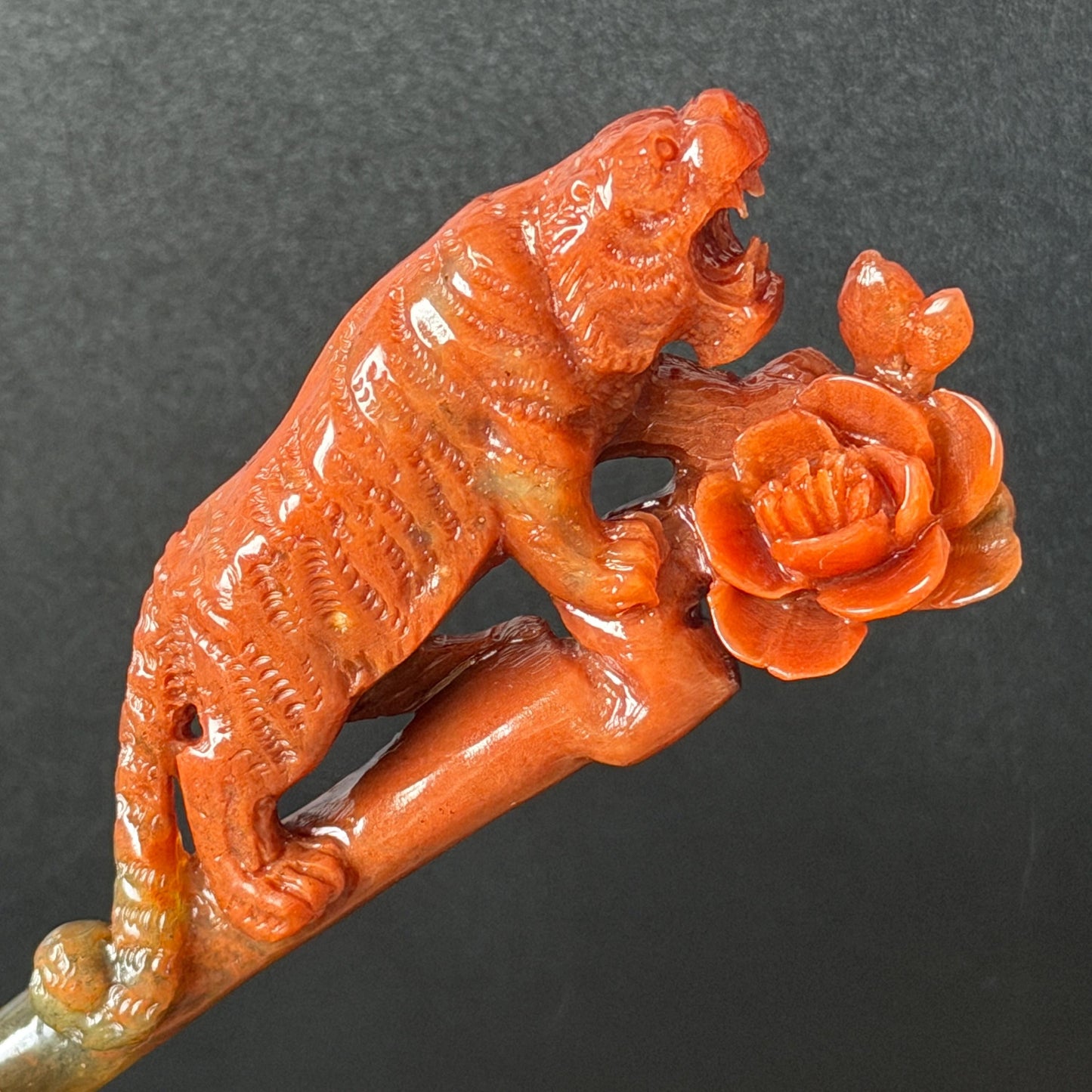Make to Order! Xiu Jade (Serpentine) Hand Carved Tiger & Rose Hair Pin: Certified Natural Handcrafted Red Jade Hair Stick 3D Stone Carving