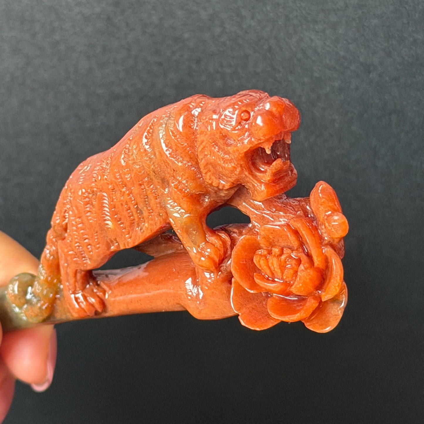 Make to Order! Xiu Jade (Serpentine) Hand Carved Tiger & Rose Hair Pin: Certified Natural Handcrafted Red Jade Hair Stick 3D Stone Carving