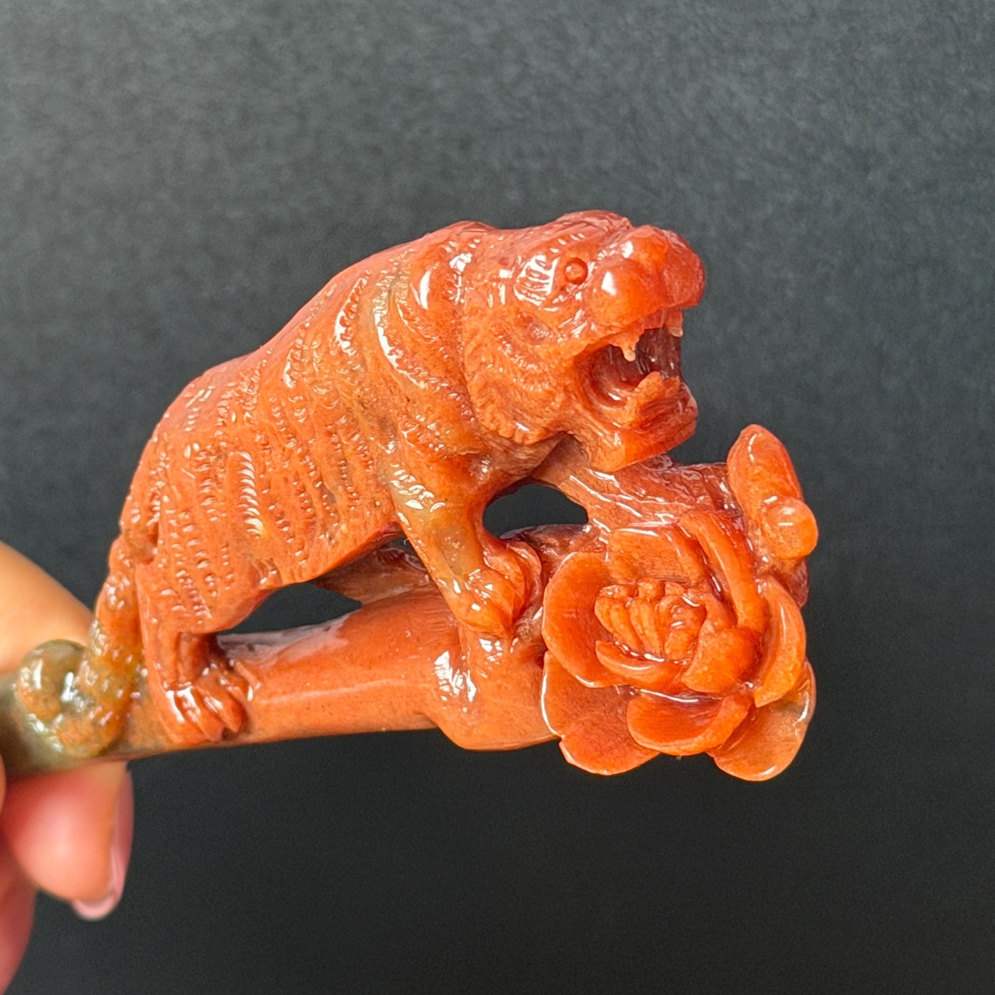 Make to Order! Xiu Jade (Serpentine) Hand Carved Tiger & Rose Hair Pin: Certified Natural Handcrafted Red Jade Hair Stick 3D Stone Carving