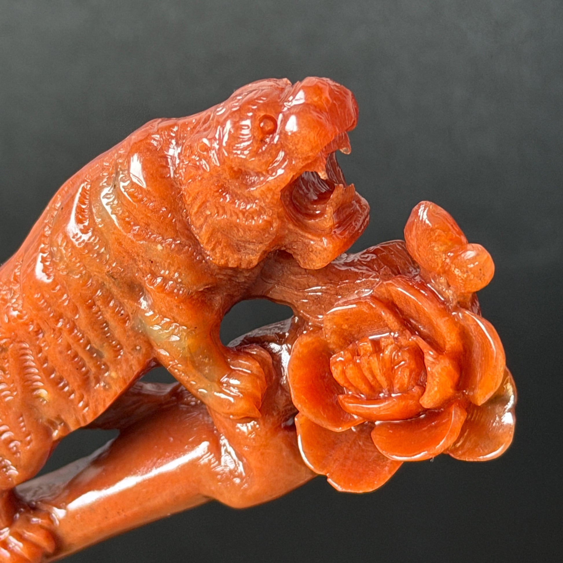 Make to Order! Xiu Jade (Serpentine) Hand Carved Tiger & Rose Hair Pin: Certified Natural Handcrafted Red Jade Hair Stick 3D Stone Carving