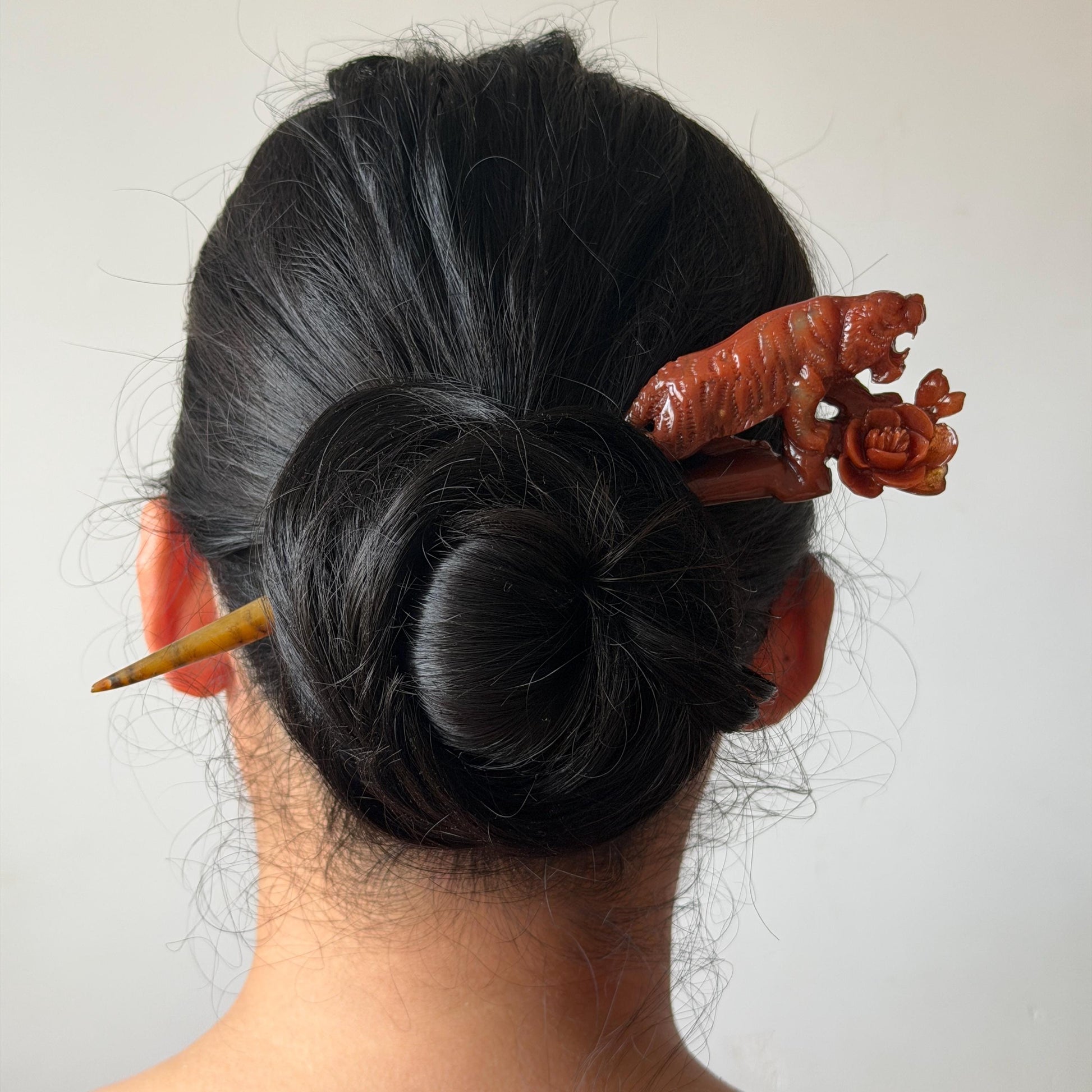 Make to Order! Xiu Jade (Serpentine) Hand Carved Tiger & Rose Hair Pin: Natural Handcrafted Red Jade Hair Stick with Certificate | Asian Chinese Vintage Style Hair Fork Gift red jade carving hand engraved tiger hairpins hand carved hair stick rose carving tiger carving red tiger hair fork flower carving natural untreated jade with  japanese hair stick korean hair fork chinese hair pins hanfu hairpins  hair comb tiger lover gift  jade hair accessory carved hair jewelry wedding headpiece bridal