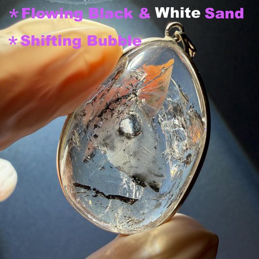 Rare Found! Polished Enhydro Quartz (Herkimer Diamond) S925 Silver Cabochon Waterdrop Pendant Adjustable Necklace: Moving Black & White Sand with Bubble Inclusion Crystal | Natural Gemstone Birthstone Gift for her Birthstone enhydro quartz sand water-fall choker gemstone charm stone pendant choker polished stone pendant crystal charm birthstone men necklace chakra crystal shifting clear bubble minerals specimen adjustable choker mica quartz mica flakes S925 silver pendant inclusion quartz
