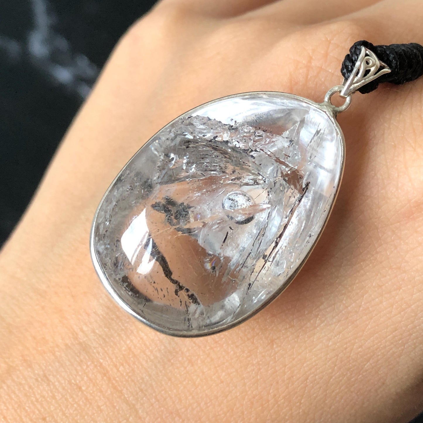 Rare Found! Polished Enhydro Quartz (Herkimer Diamond) S925 Silver Cabochon Waterdrop Pendant Adjustable Necklace: Moving Black & White Sand with Bubble Inclusion Crystal | Natural Gemstone Birthstone Gift for her Birthstone enhydro quartz sand water-fall choker gemstone charm stone pendant choker polished stone pendant crystal charm birthstone men necklace chakra crystal shifting clear bubble minerals specimen adjustable choker mica quartz mica flakes S925 silver pendant inclusion quartz