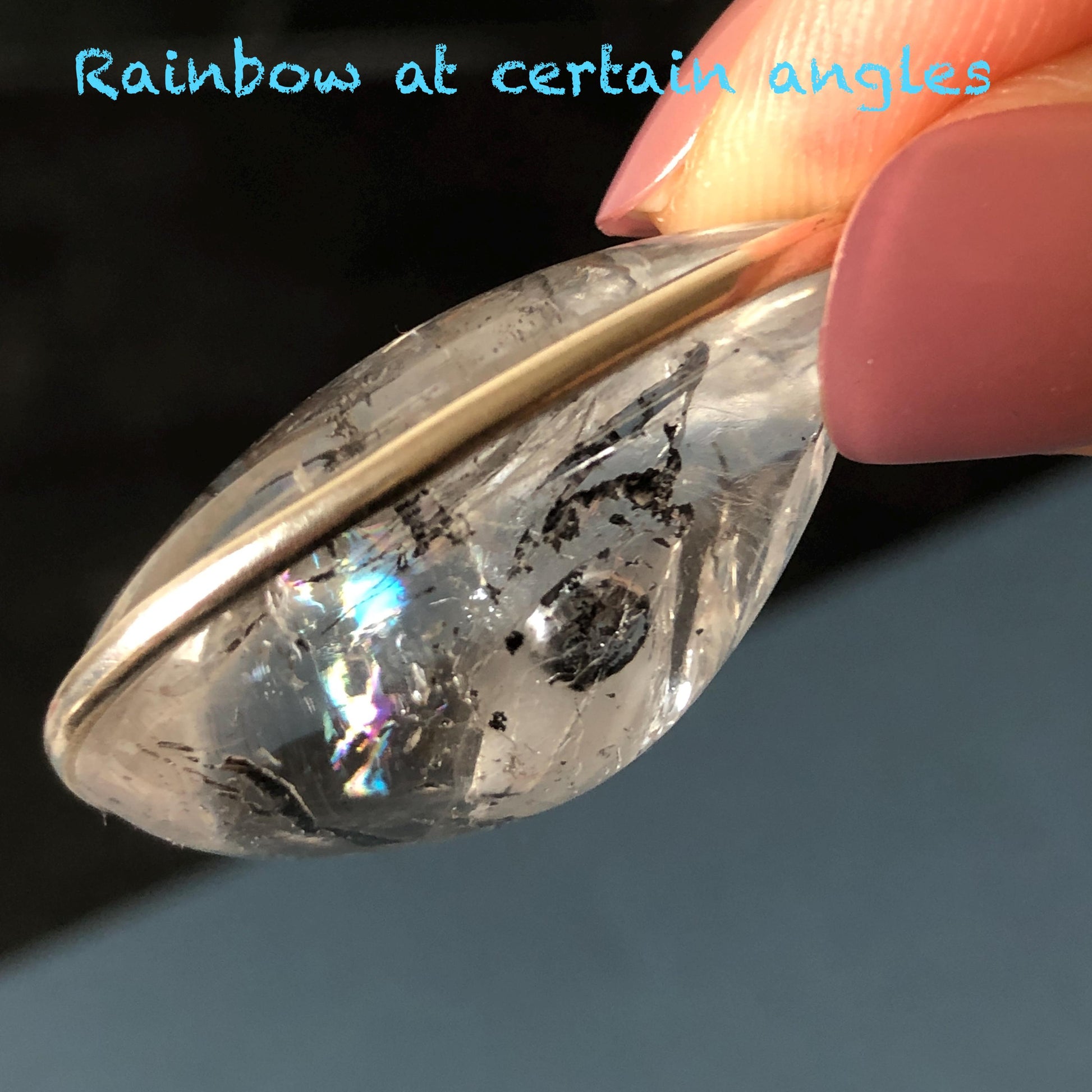 Rare Found Polished Enhydro Quartz (Herkimer Diamond) S925 Silver Cabochon Waterdrop Pendant Necklace: Moving Black & White Sand with Bubble