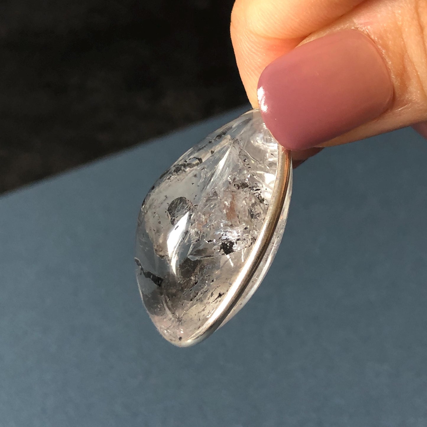 Rare Found! Polished Enhydro Quartz (Herkimer Diamond) S925 Silver Cabochon Waterdrop Pendant Adjustable Necklace: Moving Black & White Sand with Bubble Inclusion Crystal | Natural Gemstone Birthstone Gift for her Birthstone enhydro quartz sand water-fall choker gemstone charm stone pendant choker polished stone pendant crystal charm birthstone men necklace chakra crystal shifting clear bubble minerals specimen adjustable choker mica quartz mica flakes S925 silver pendant inclusion quartz