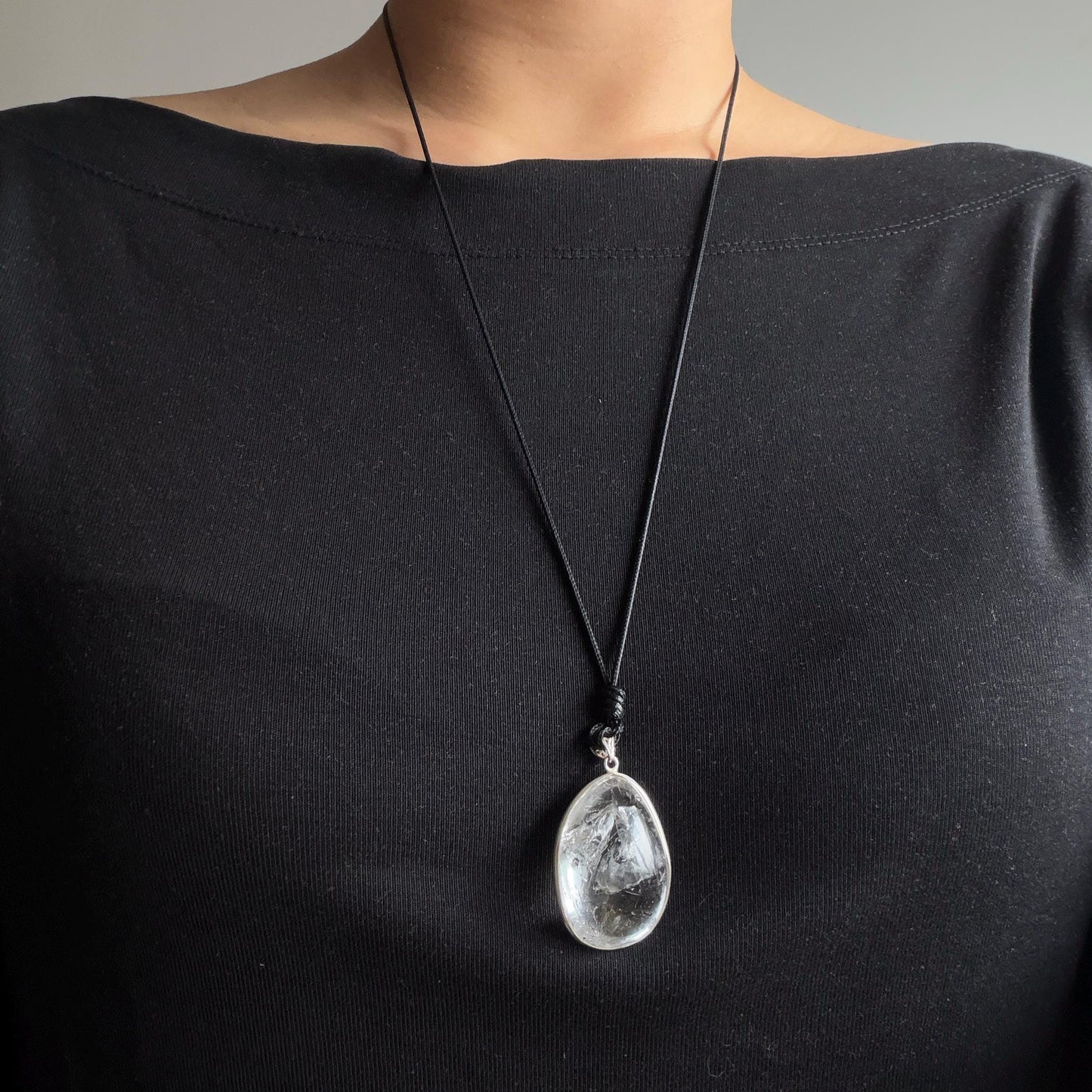 Rare Found! Polished Enhydro Quartz (Herkimer Diamond) S925 Silver Cabochon Waterdrop Pendant Adjustable Necklace: Moving Black & White Sand with Bubble Inclusion Crystal | Natural Gemstone Birthstone Gift for her Birthstone enhydro quartz sand water-fall choker gemstone charm stone pendant choker polished stone pendant crystal charm birthstone men necklace chakra crystal shifting clear bubble minerals specimen adjustable choker mica quartz mica flakes S925 silver pendant inclusion quartz