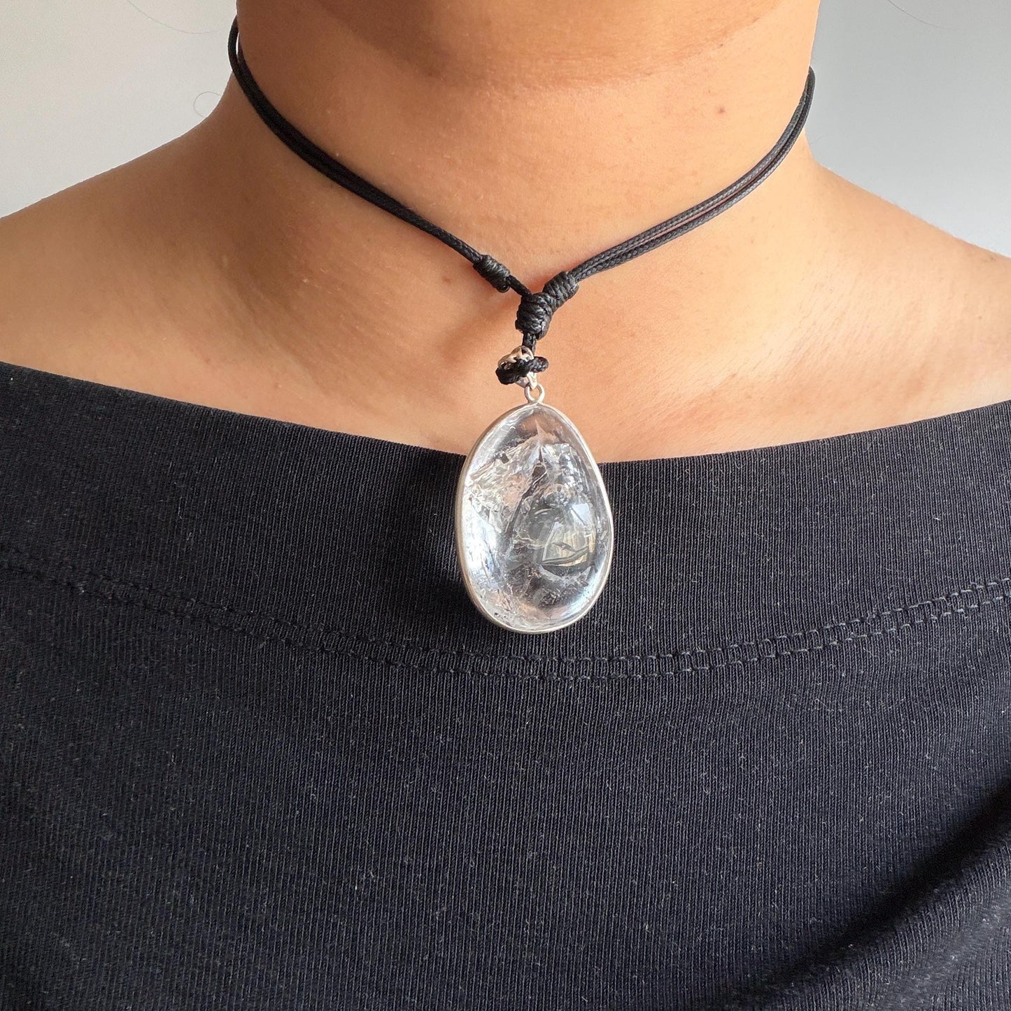 Rare Found! Polished Enhydro Quartz (Herkimer Diamond) S925 Silver Cabochon Waterdrop Pendant Adjustable Necklace: Moving Black & White Sand with Bubble Inclusion Crystal | Natural Gemstone Birthstone Gift for her Birthstone enhydro quartz sand water-fall choker gemstone charm stone pendant choker polished stone pendant crystal charm birthstone men necklace chakra crystal shifting clear bubble minerals specimen adjustable choker mica quartz mica flakes S925 silver pendant inclusion quartz