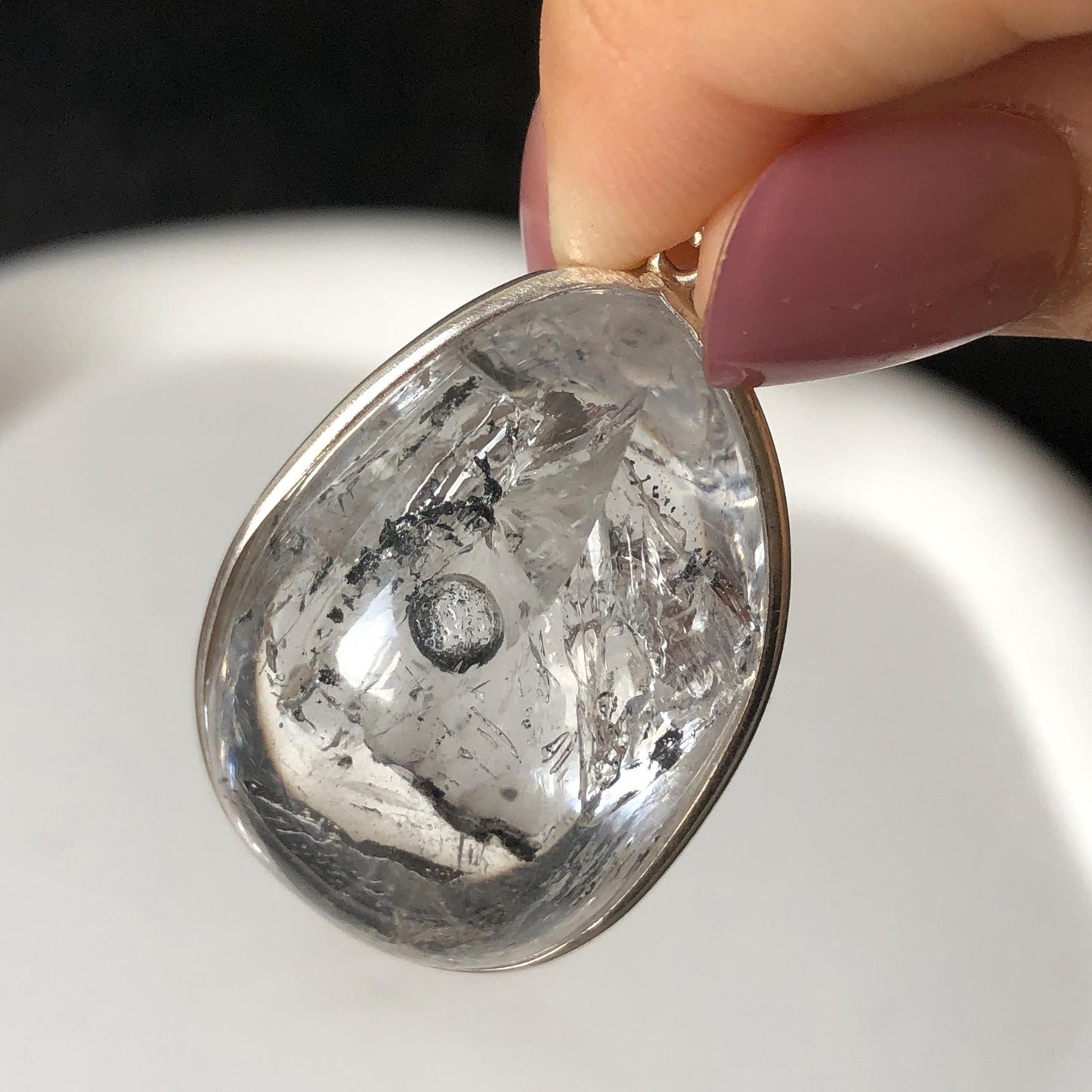 Rare Found! Polished Enhydro Quartz (Herkimer Diamond) S925 Silver Cabochon Waterdrop Pendant Adjustable Necklace: Moving Black & White Sand with Bubble Inclusion Crystal | Natural Gemstone Birthstone Gift for her Birthstone enhydro quartz sand water-fall choker gemstone charm stone pendant choker polished stone pendant crystal charm birthstone men necklace chakra crystal shifting clear bubble minerals specimen adjustable choker mica quartz mica flakes S925 silver pendant inclusion quartz