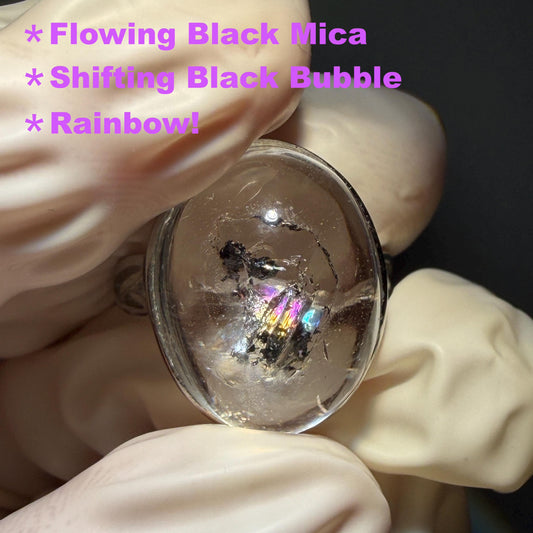 Rare Polished Enhydro Quartz (Herkimer Diamond) s925 Silver Adjustable Ring: Rainbow! Flowing Black Mica and Shifting Bubble Inclusion Crystal Statement Ring for Women ring crystal band ring cocktail ring crystal stackable ring 7 chakra crystal ring meditation crystal healing stone birthstone silver ring ring for men rainbow quartz inclusion quartz inclusion crystal minerals specimen silver ring free size ring adjustable ring holder rain quartz enhydro crystal inclusion crystal inclusion quartz