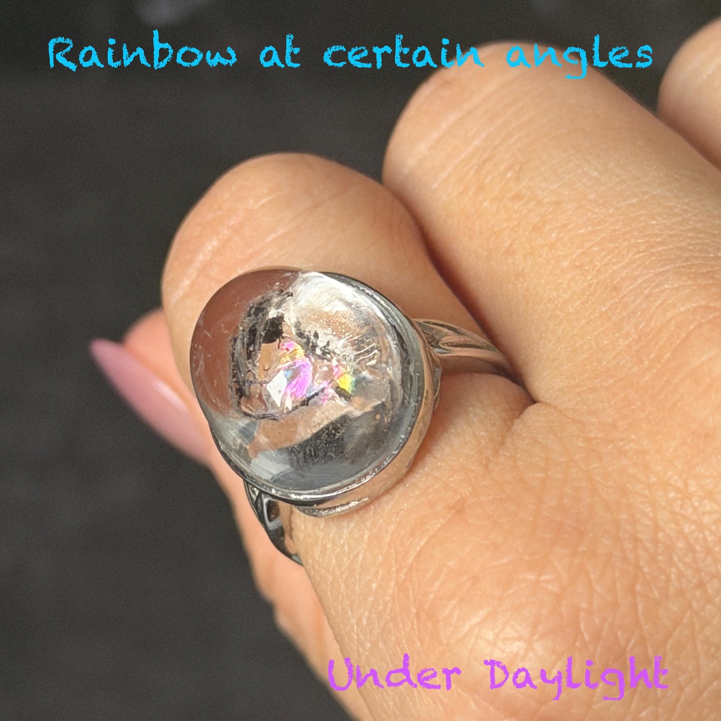 Rare Polished Enhydro Quartz (Herkimer Diamond) s925 Silver Adjustable Ring: Rainbow! Flowing Black Mica and Shifting Bubble Inclusion Crystal Statement Ring for Women ring crystal band ring cocktail ring crystal stackable ring 7 chakra crystal ring meditation crystal healing stone birthstone silver ring ring for men rainbow quartz inclusion quartz inclusion crystal minerals specimen silver ring free size ring adjustable ring holder rain quartz enhydro crystal inclusion crystal inclusion quartz