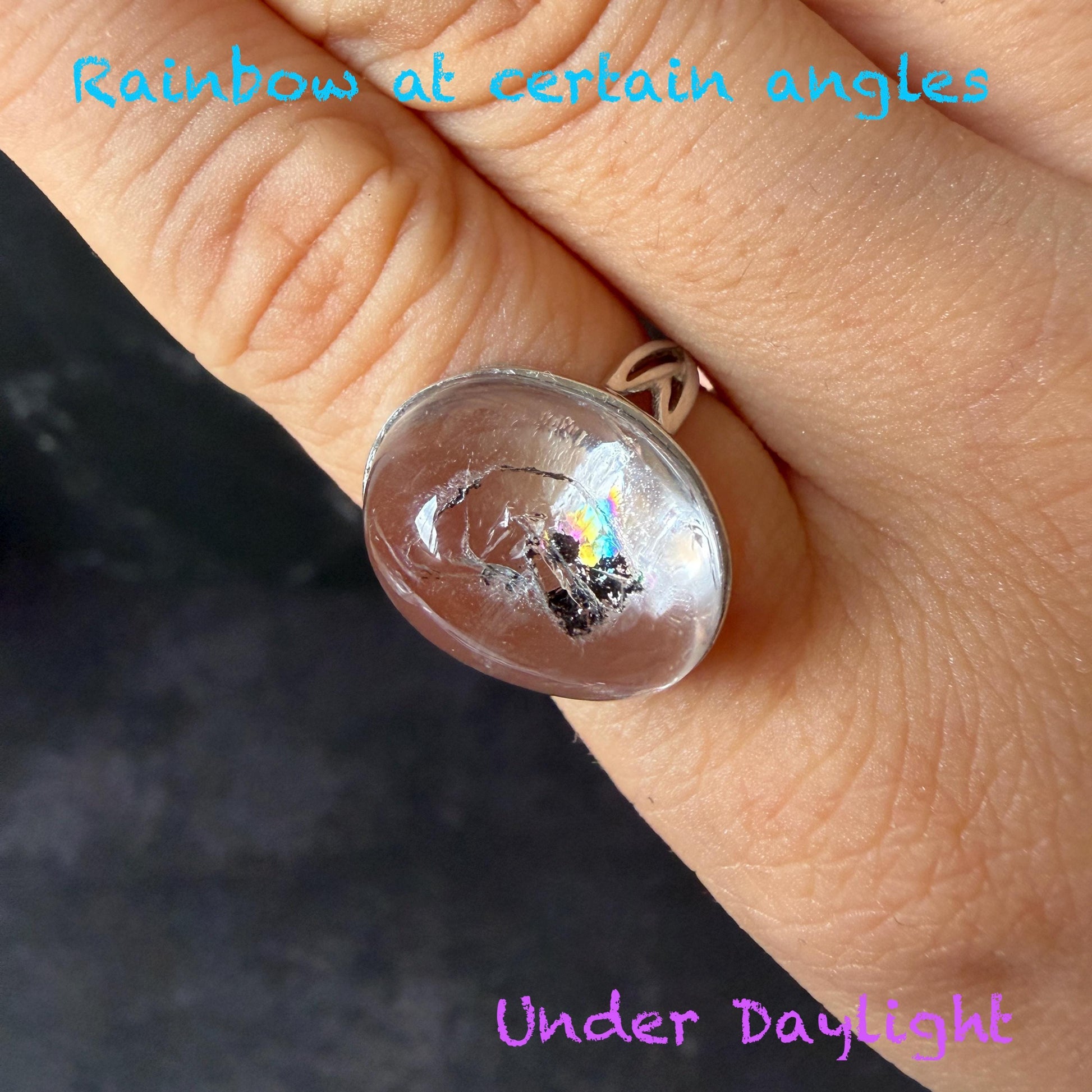 Rare Polished Enhydro Quartz (Herkimer Diamond) s925 Silver Adjustable Ring: Rainbow! Flowing Black Mica and Shifting Bubble Inclusion Crystal Statement Ring for Women ring crystal band ring cocktail ring crystal stackable ring 7 chakra crystal ring meditation crystal healing stone birthstone silver ring ring for men rainbow quartz inclusion quartz inclusion crystal minerals specimen silver ring free size ring adjustable ring holder rain quartz enhydro crystal inclusion crystal inclusion quartz