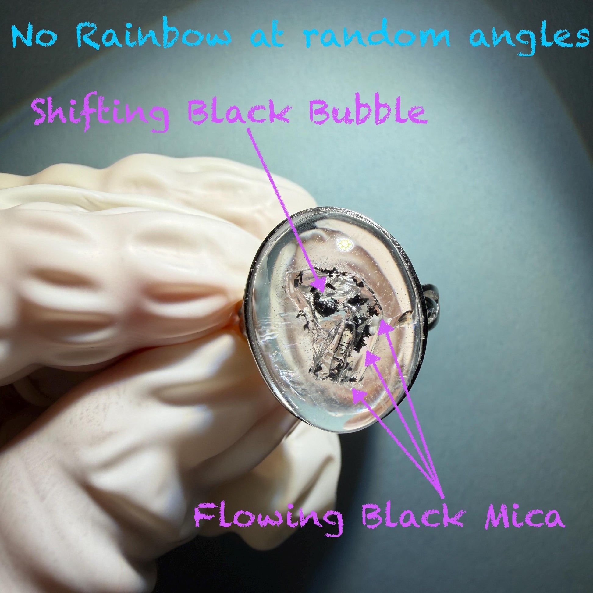 Rare Polished Enhydro Quartz (Herkimer Diamond) s925 Silver Adjustable Ring: Rainbow! Flowing Black Mica and Shifting Bubble Inclusion Crystal Statement Ring for Women ring crystal band ring cocktail ring crystal stackable ring 7 chakra crystal ring meditation crystal healing stone birthstone silver ring ring for men rainbow quartz inclusion quartz inclusion crystal minerals specimen silver ring free size ring adjustable ring holder rain quartz enhydro crystal inclusion crystal inclusion quartz