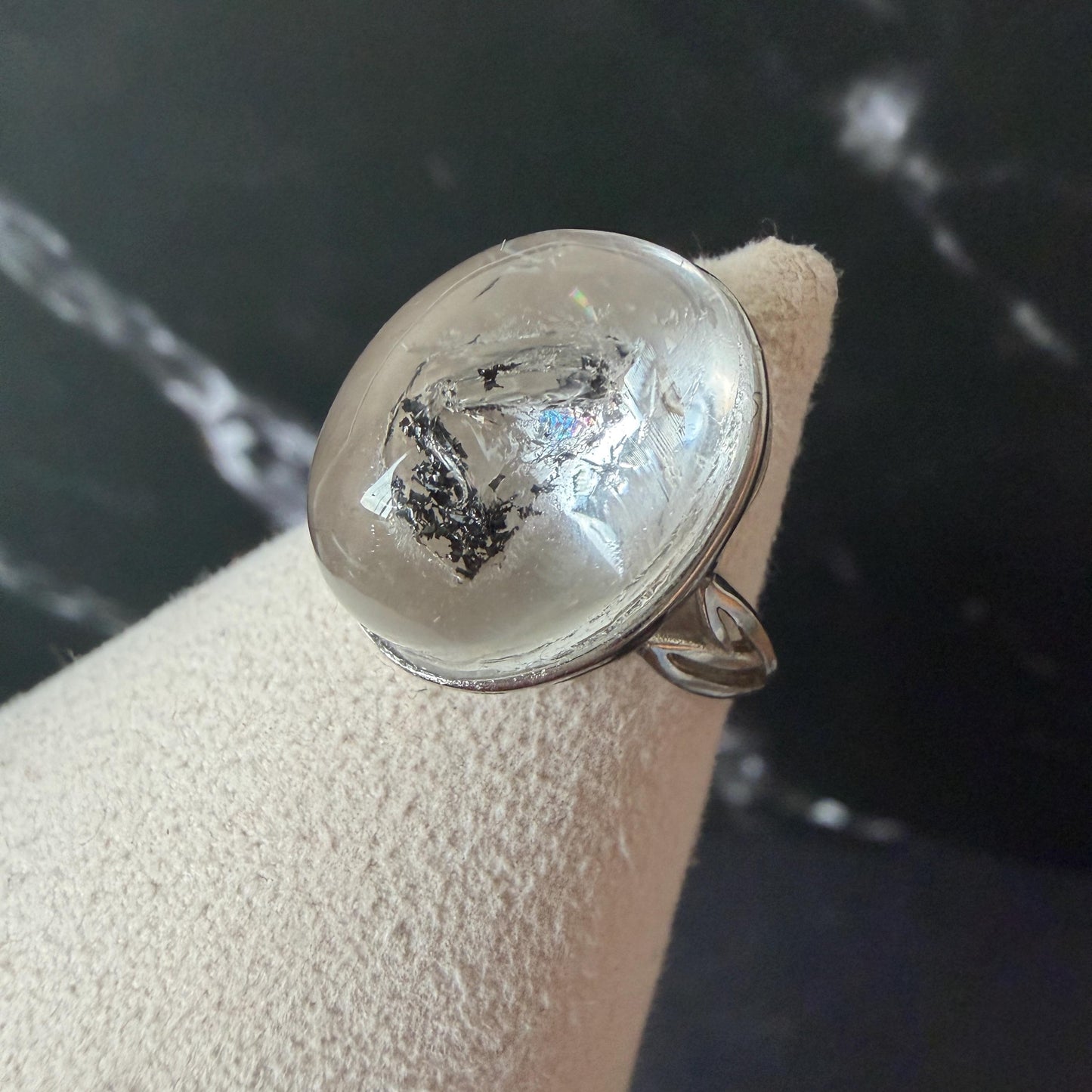 Rare Polished Enhydro Quartz (Herkimer Diamond) s925 Silver Adjustable Ring: Rainbow! Flowing Black Mica and Shifting Bubble Inclusion Crystal Statement Ring for Women ring crystal band ring cocktail ring crystal stackable ring 7 chakra crystal ring meditation crystal healing stone birthstone silver ring ring for men rainbow quartz inclusion quartz inclusion crystal minerals specimen silver ring free size ring adjustable ring holder rain quartz enhydro crystal inclusion crystal inclusion quartz