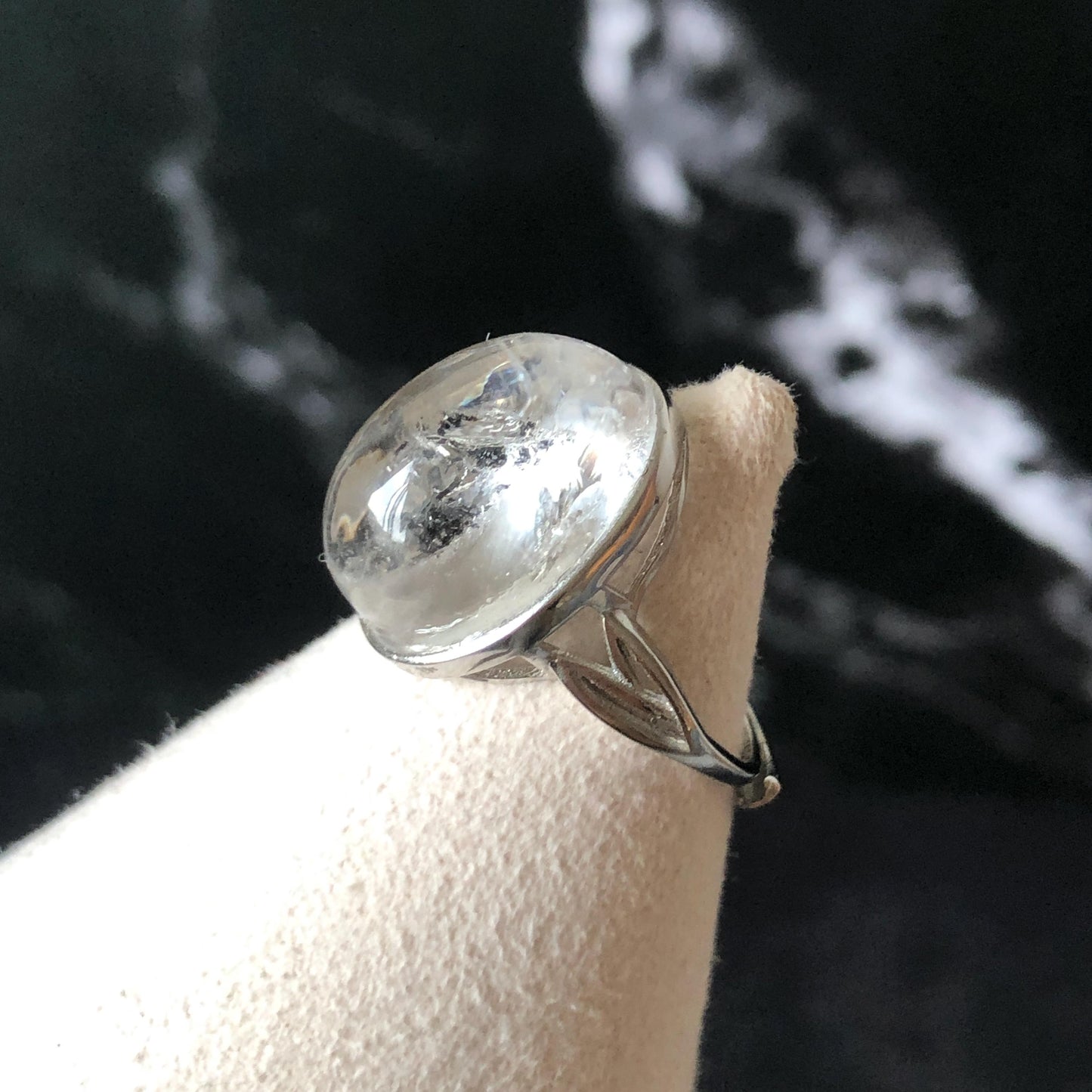 Rare Polished Enhydro Quartz (Herkimer Diamond) s925 Silver Adjustable Ring: Rainbow! Flowing Black Mica and Shifting Bubble Inclusion Crystal Statement Ring for Women ring crystal band ring cocktail ring crystal stackable ring 7 chakra crystal ring meditation crystal healing stone birthstone silver ring ring for men rainbow quartz inclusion quartz inclusion crystal minerals specimen silver ring free size ring adjustable ring holder rain quartz enhydro crystal inclusion crystal inclusion quartz