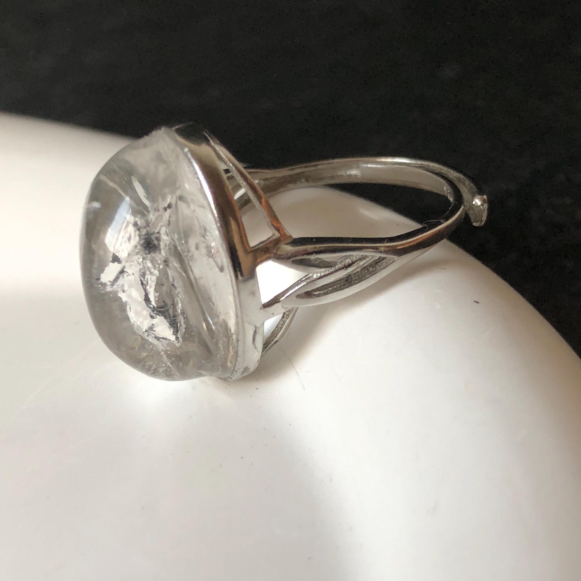 Rare Polished Enhydro Quartz (Herkimer Diamond) s925 Silver Adjustable Ring: Rainbow! Flowing Black Mica and Shifting Bubble Inclusion Crystal Statement Ring for Women ring crystal band ring cocktail ring crystal stackable ring 7 chakra crystal ring meditation crystal healing stone birthstone silver ring ring for men rainbow quartz inclusion quartz inclusion crystal minerals specimen silver ring free size ring adjustable ring holder rain quartz enhydro crystal inclusion crystal inclusion quartz